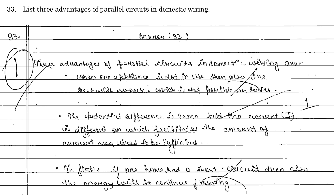 33. List three advantages of parallel circuits in domestic wiring.