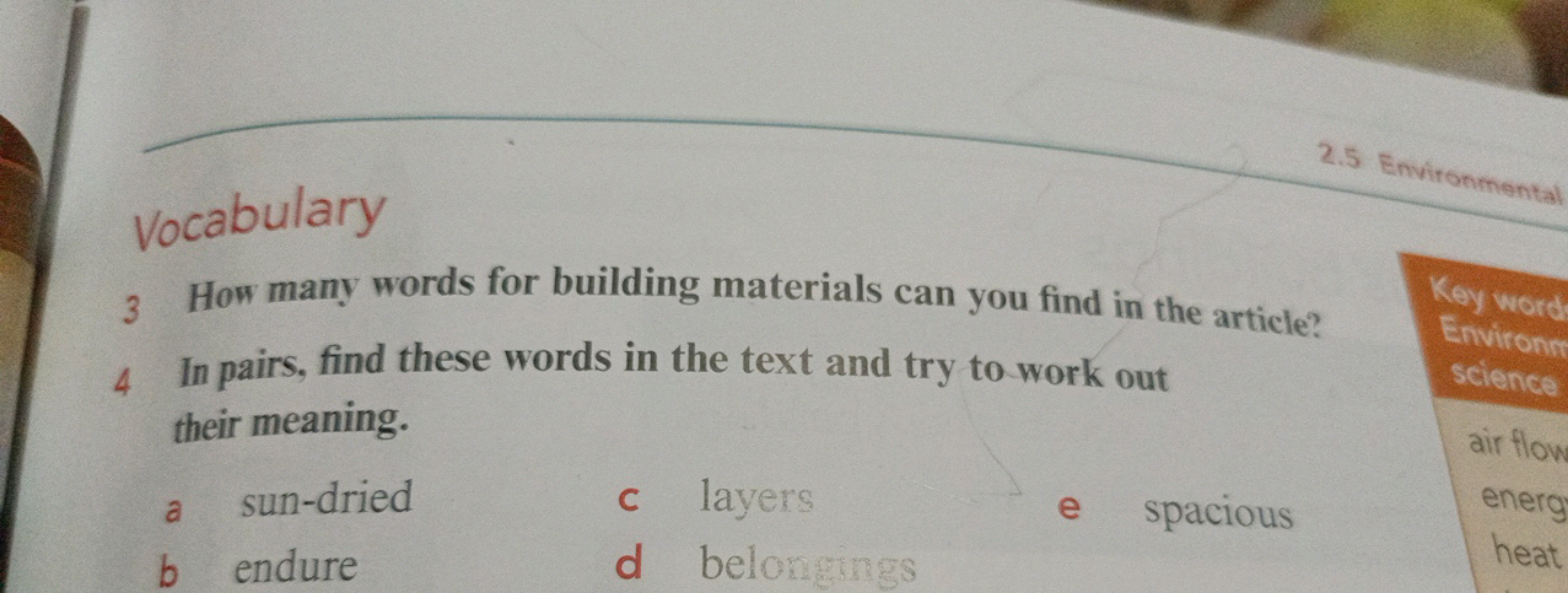 2.5 Environmental
Vocabulary
3 How many words for building materials c