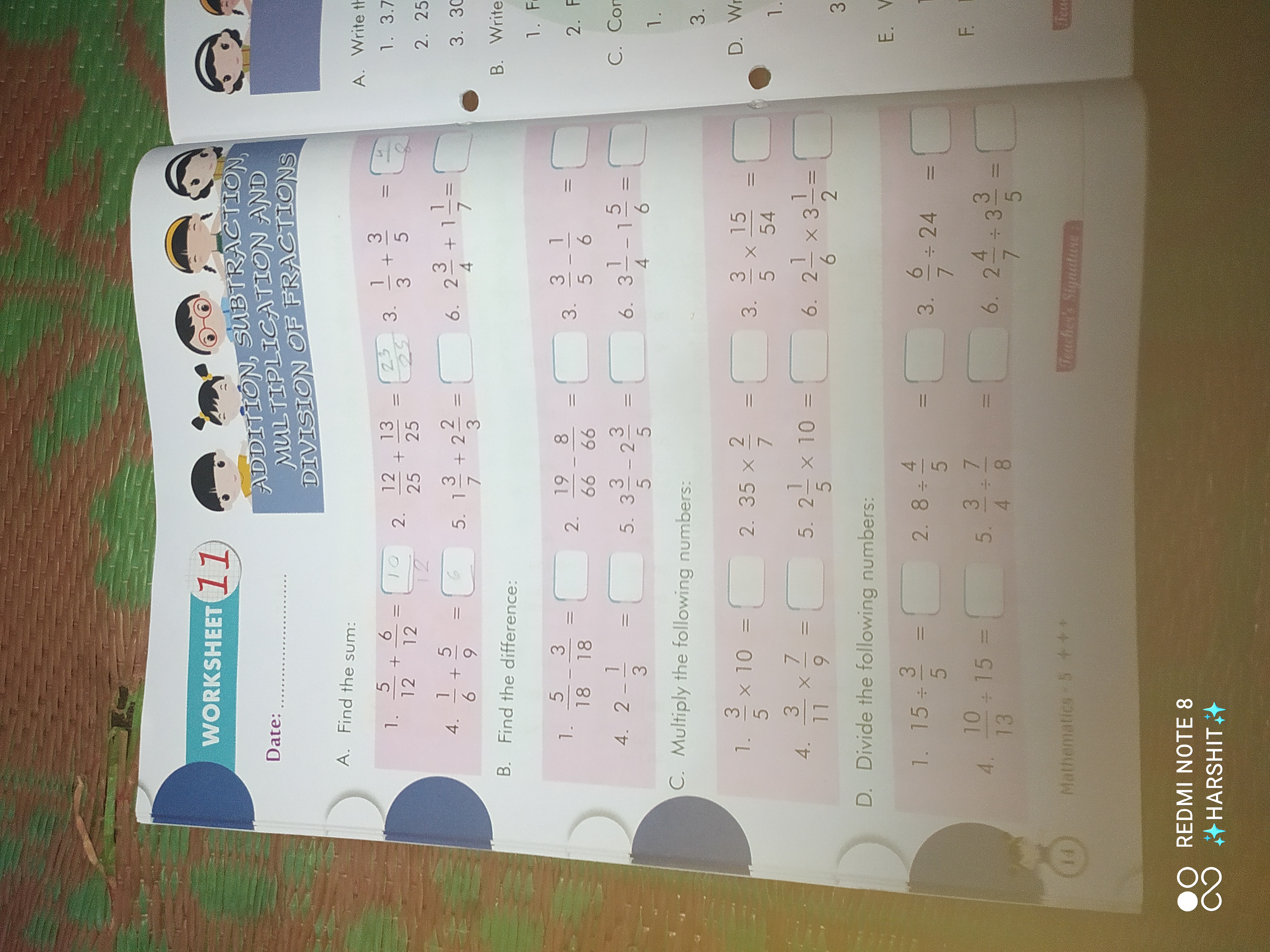 WORKSHEET(11)
Date:  ADDITION, SUBTRACTION MULTITOLICATION AND DIVISIO