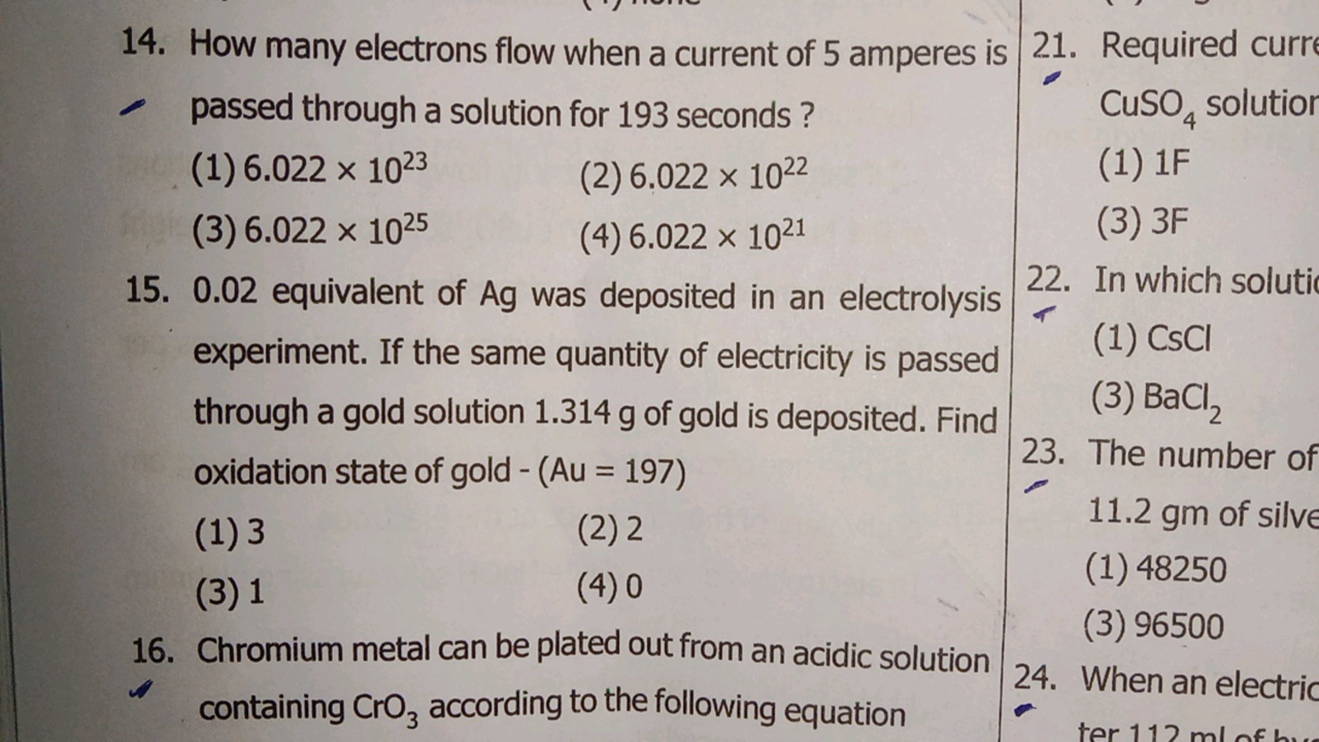 14. How many electrons flow when a current of 5 amperes is passed thro