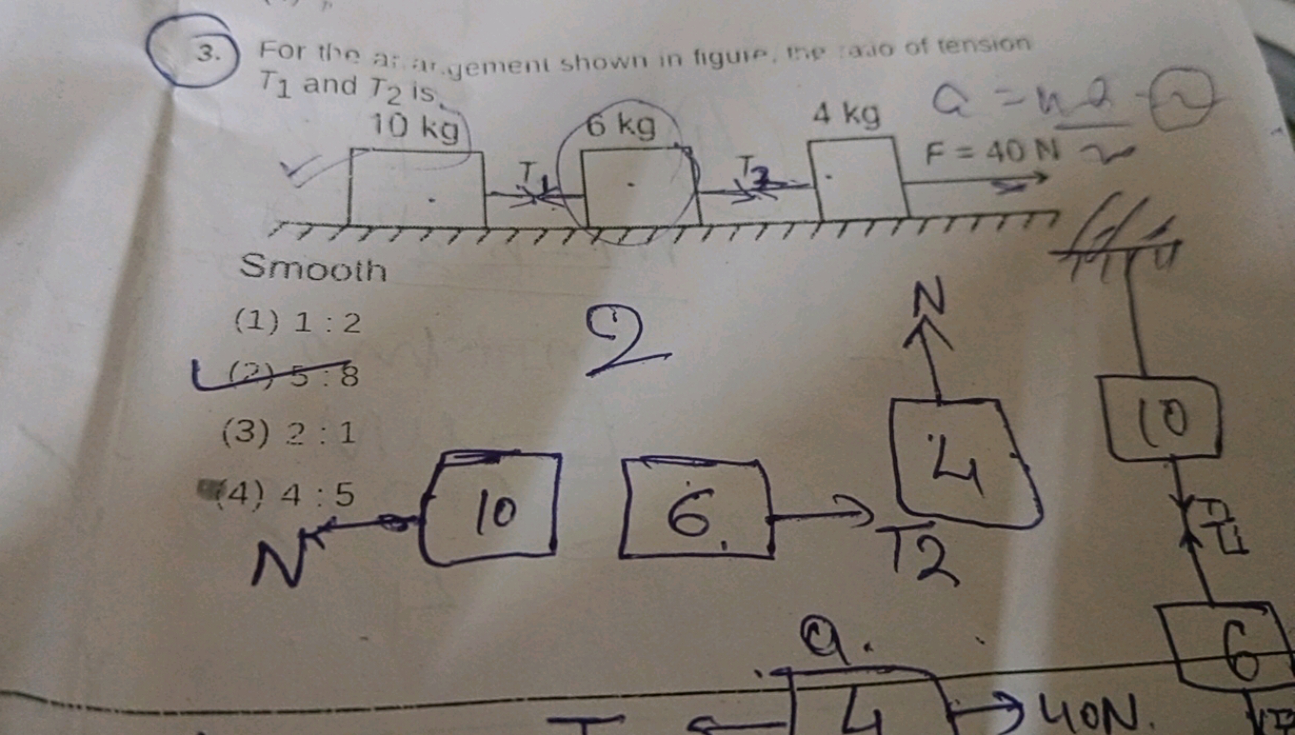 3.
For the argement shown in figure, the rado of tension
T1 and T2 is
