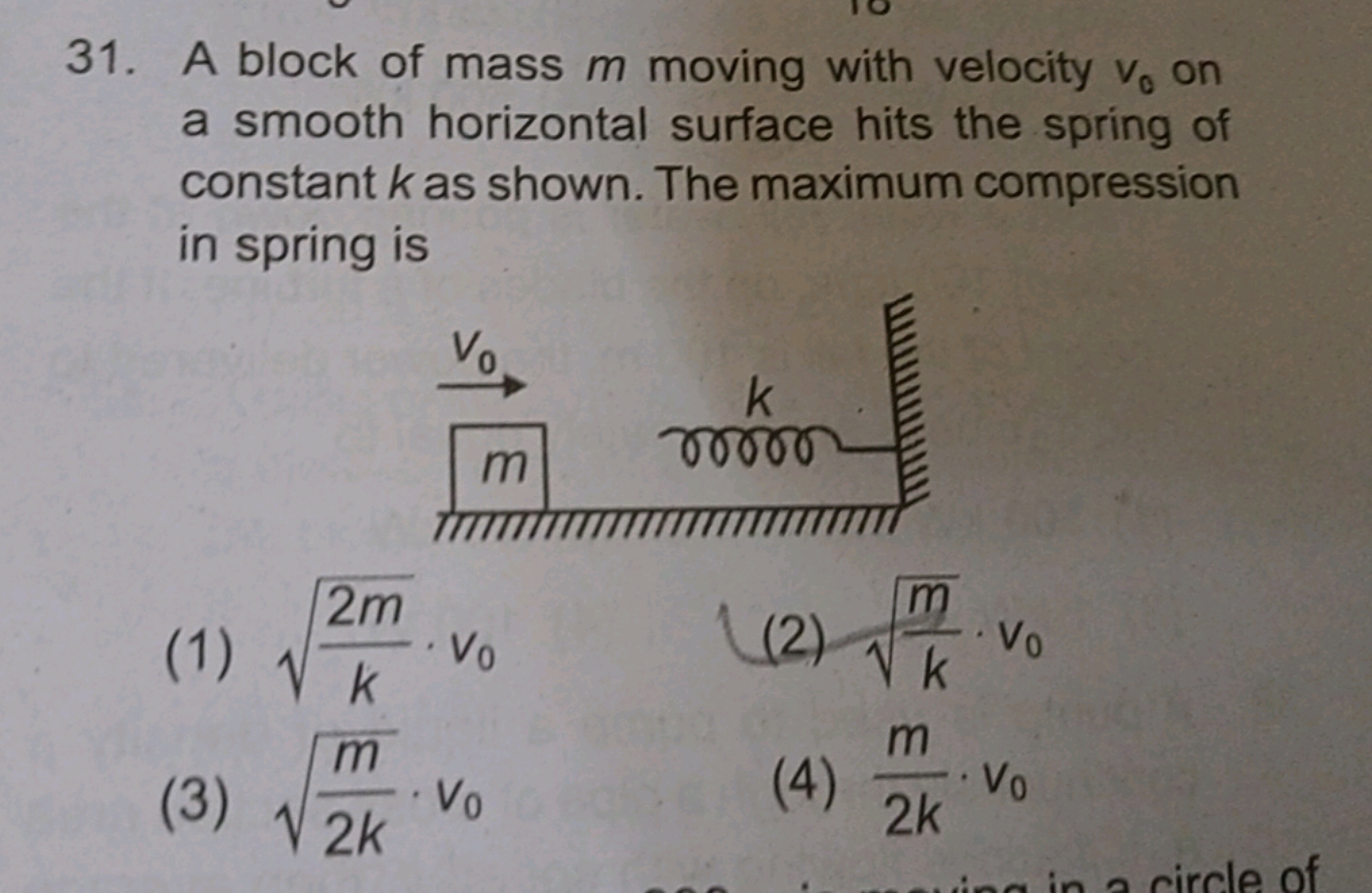 31. A block of mass m moving with velocity v0​ on a smooth horizontal 