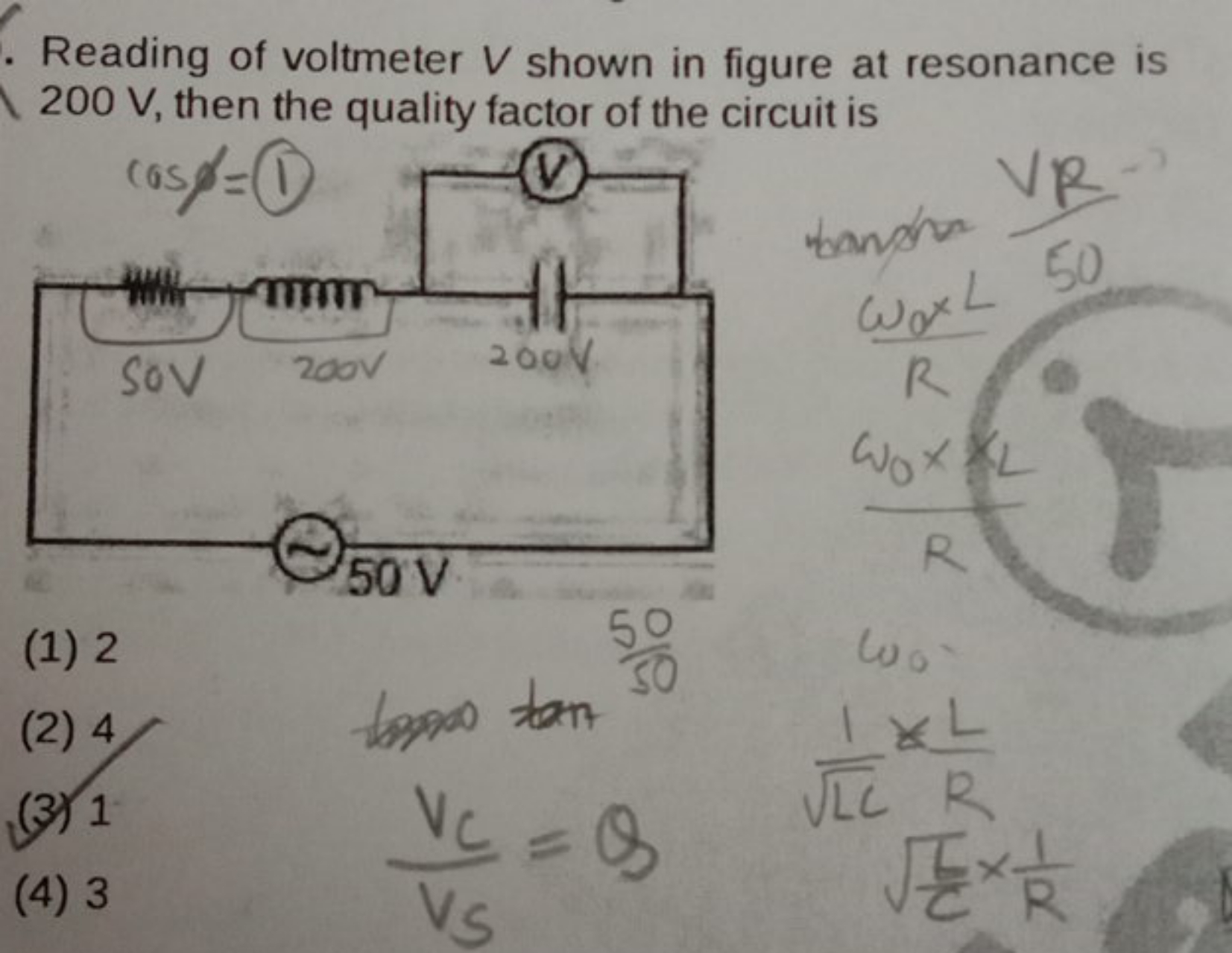 Reading of voltmeter V shown in figure at resonance is 200 V , then th