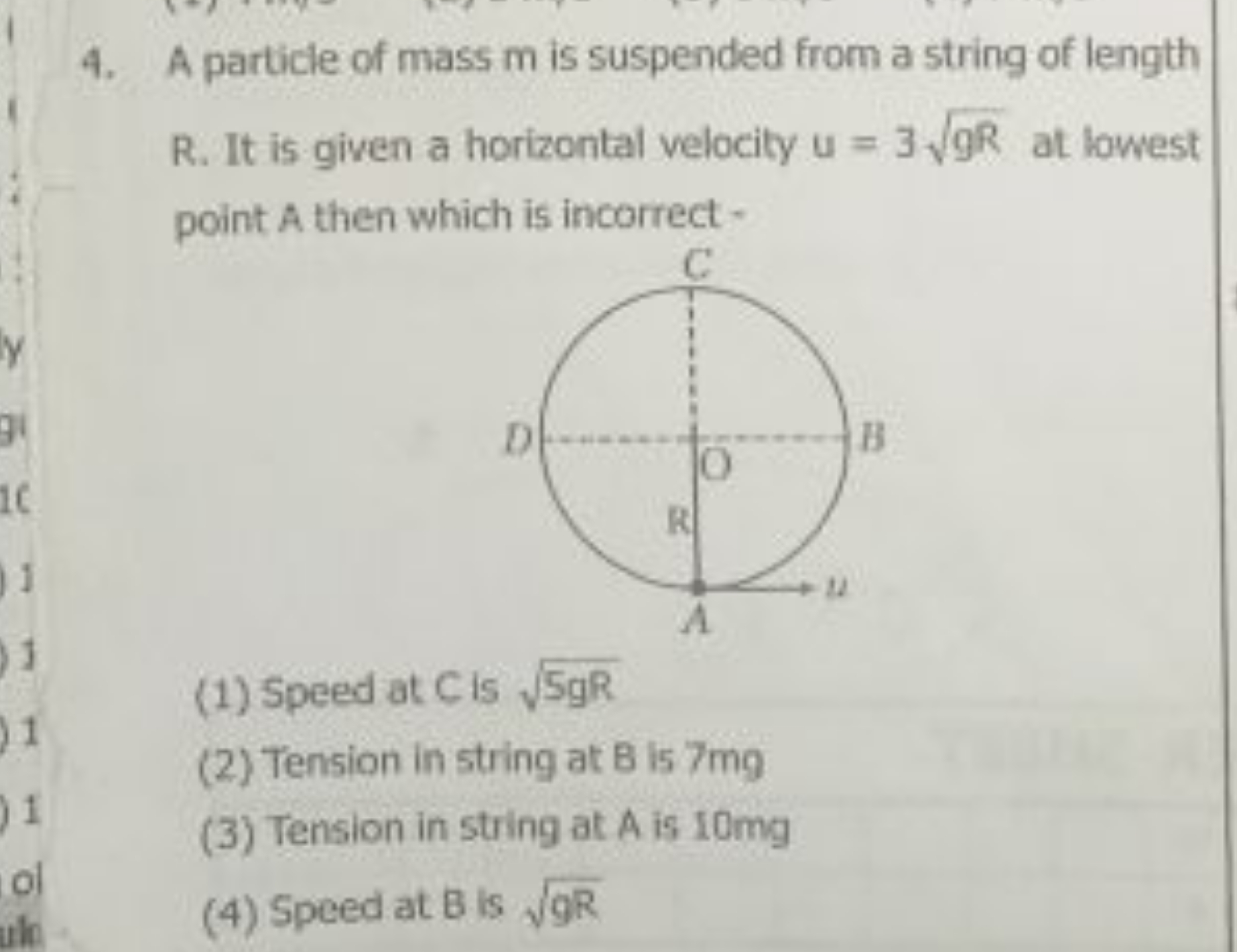 4. A particle of mass m is suspended from a string of length
R. It is 