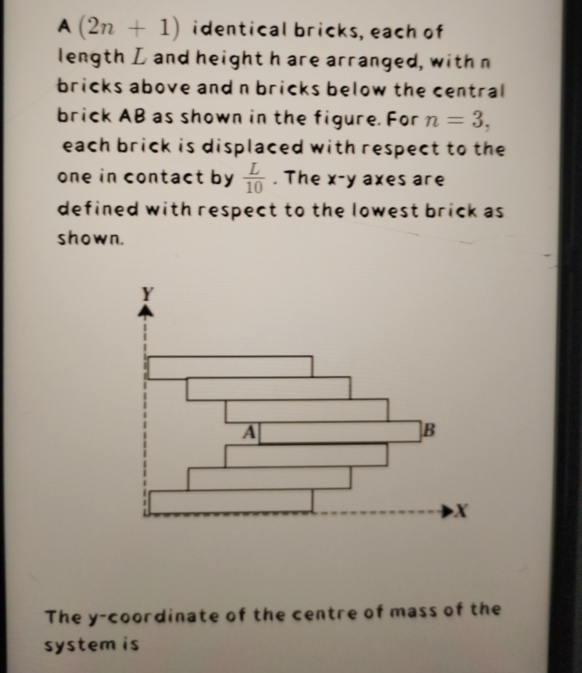 A (2n+1) identical bricks, each of length L and height h are arranged,