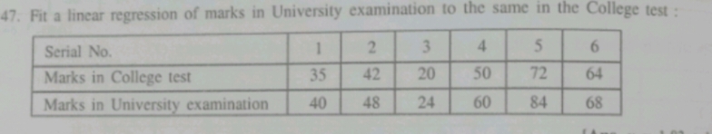 47. Fit a linear regression of marks in University examination to the 