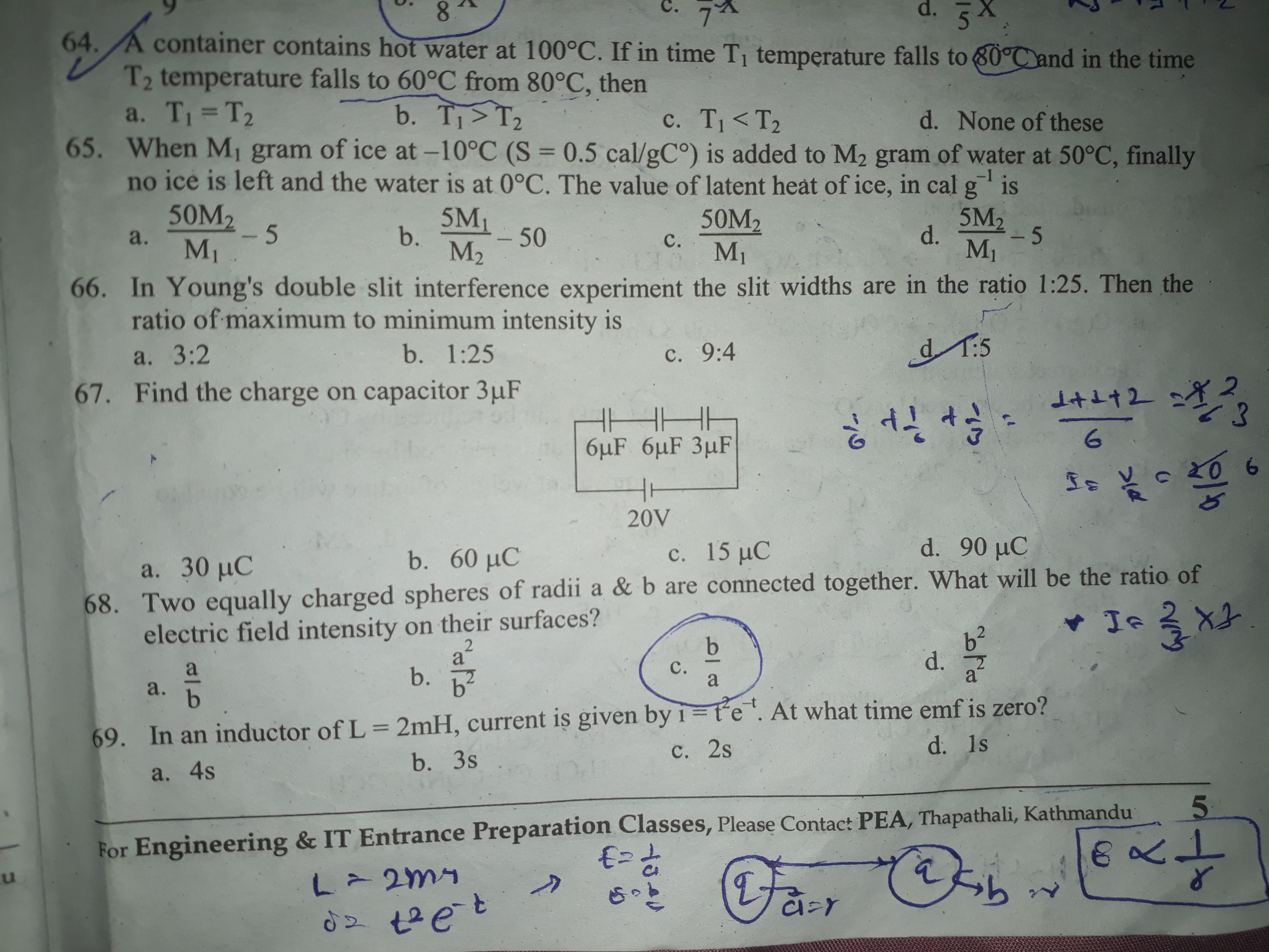 When M1​ gram of ice at −10∘C(S=0.5cal/gC∘) is added to M2​ gram of wa