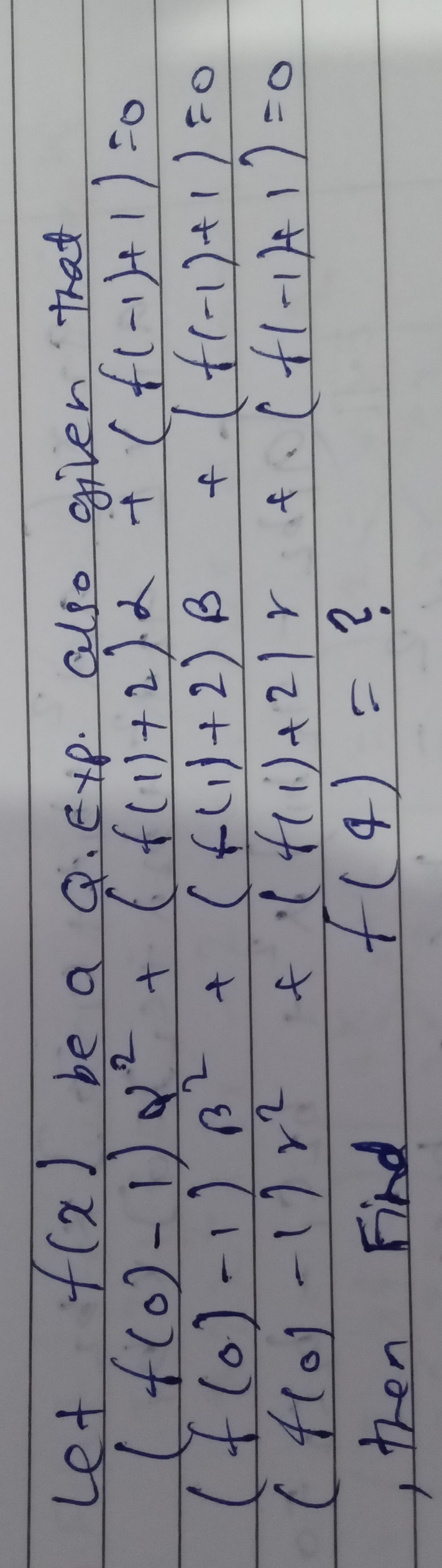 Let f(x) be a Q. Exp. also given that
(f(0)−1)α2+(f(1)+2)α+(f(−1)+1)=0