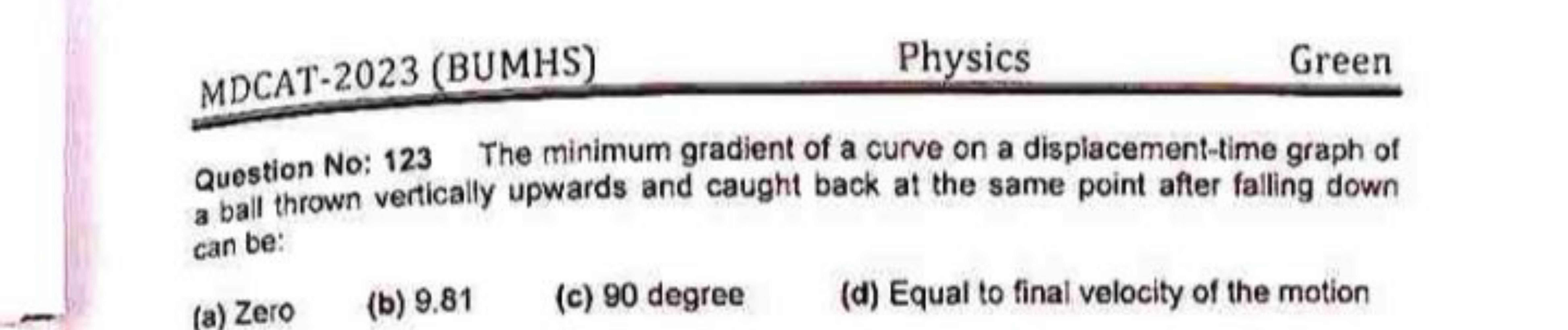 MDCAT-2023 (BUMHS)
Physics
Green
Question No: 123 The minimum gradient