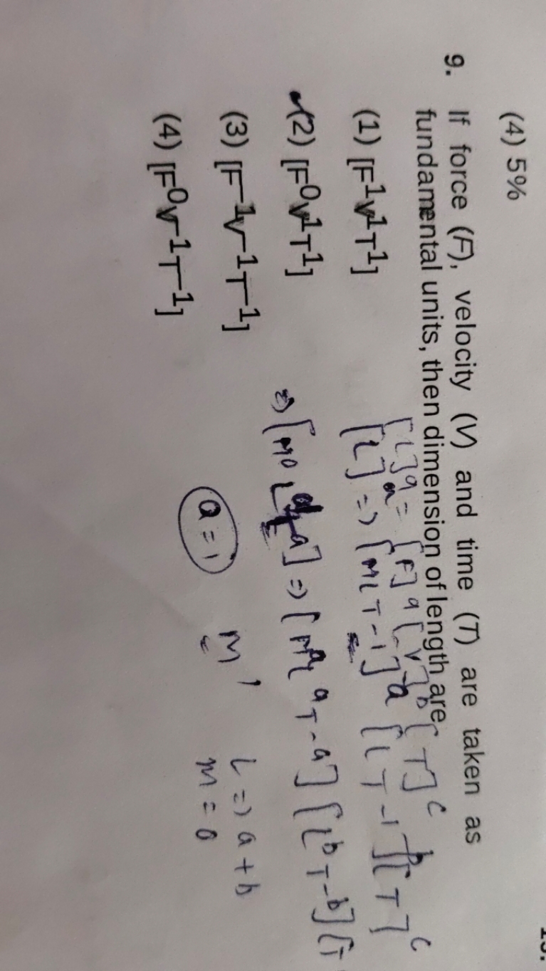 (4) 5%
9. If force (F), velocity (V) and time (T) are taken as
(1) [F1