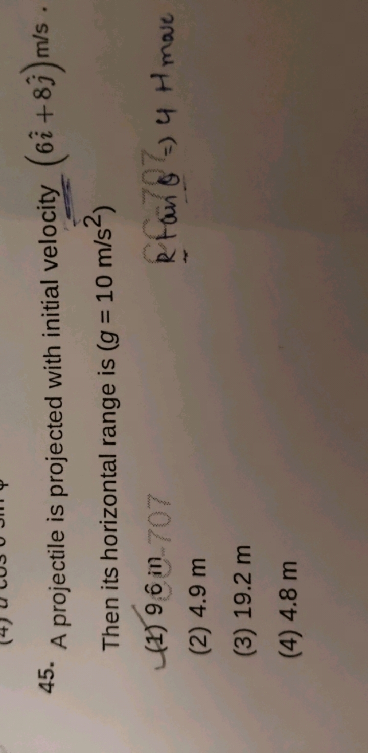 45. A projectile is projected with initial velocity (6i^+8j^​)m/s. The