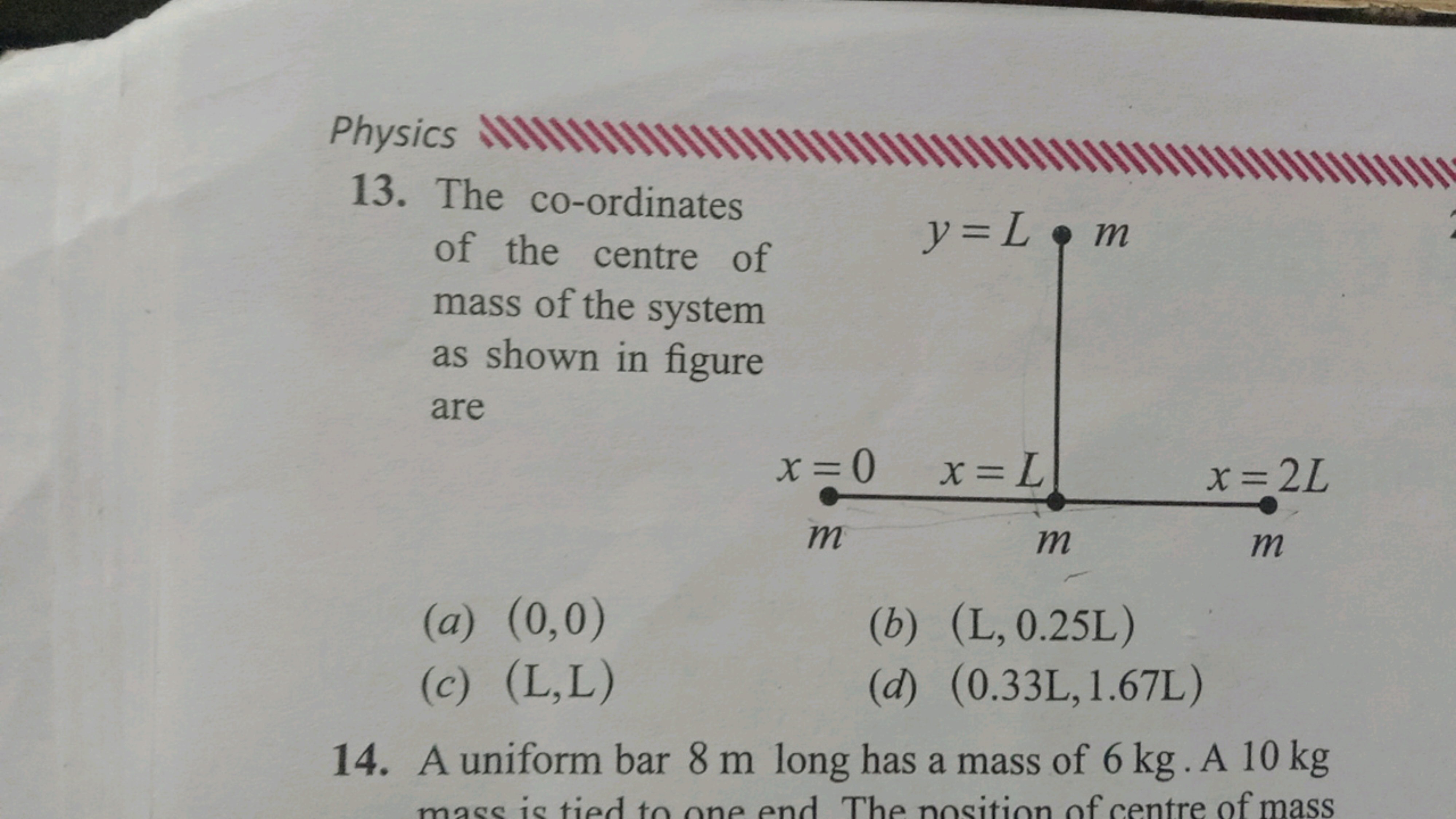 Physics
13. The co-ordinates of the centre of mass of the system as sh