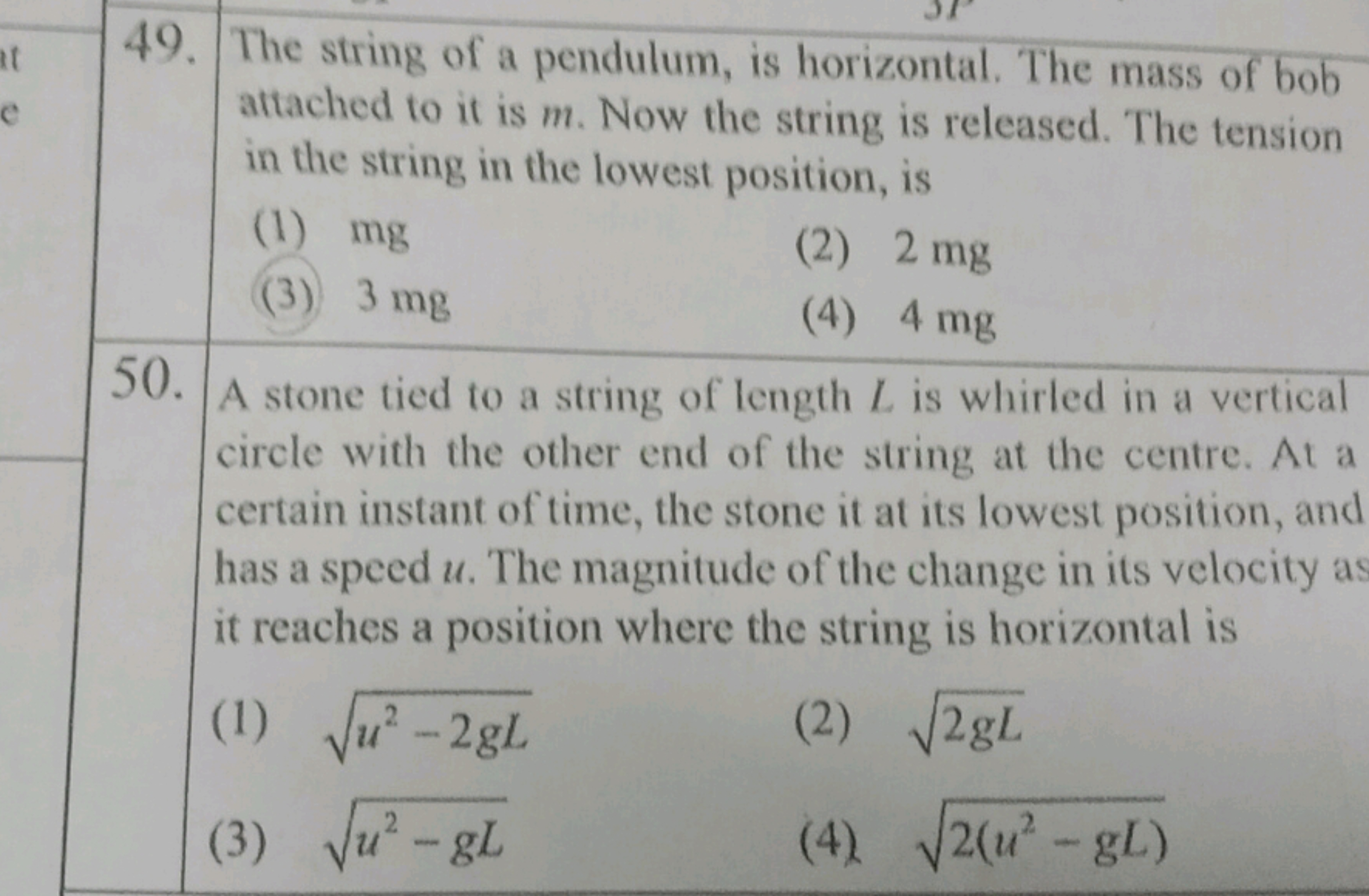 49. The string of a pendulum, is horizontal. The mass of bob attached 