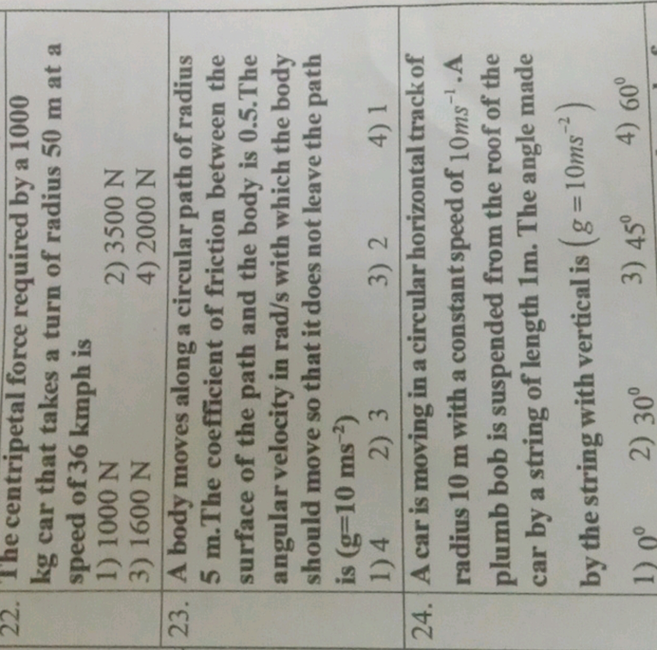 22. The centripetal force required by a 1000 kg car that takes a turn 