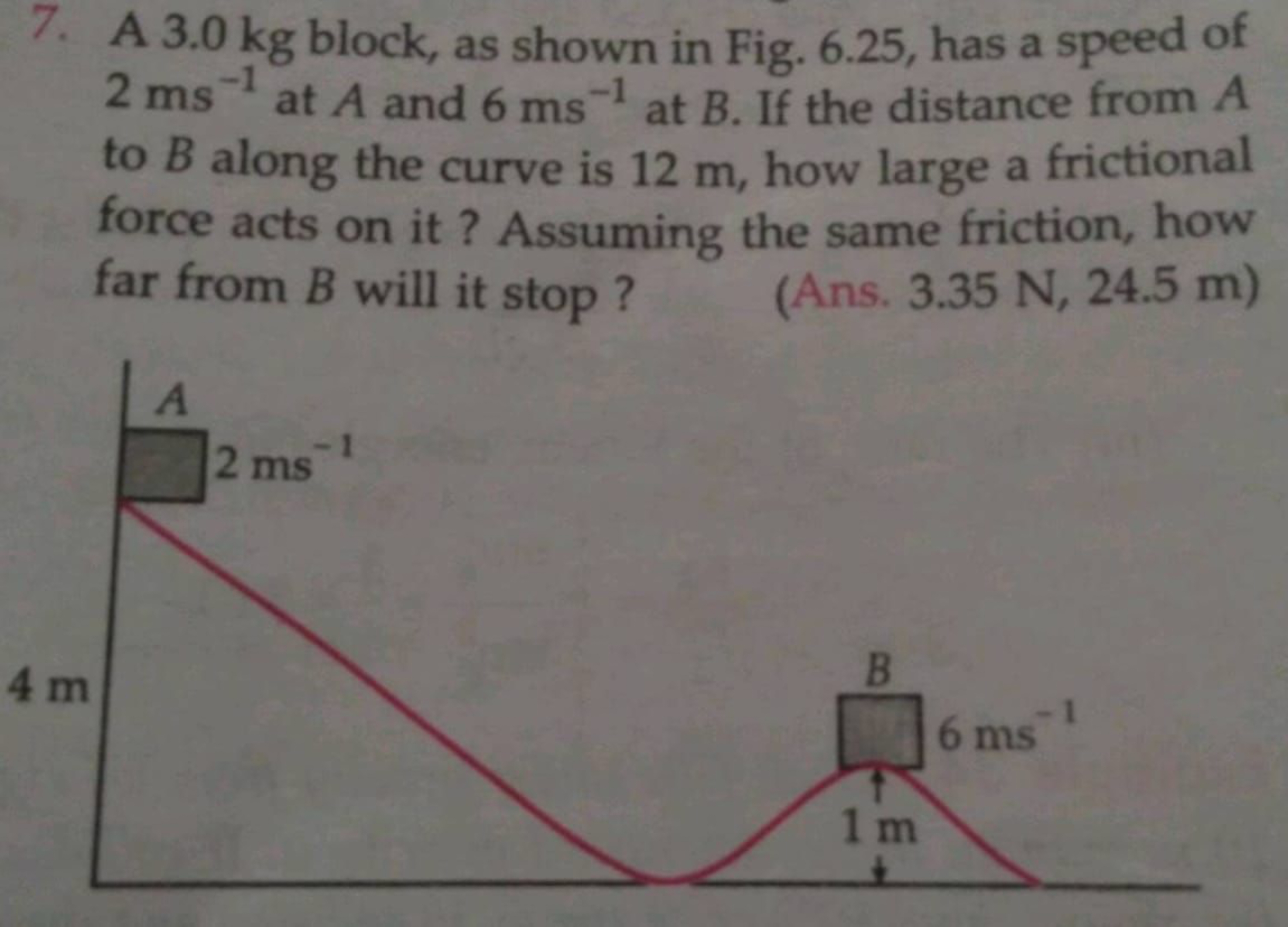 7. A 3.0 kg block, as shown in Fig. 6.25 , has a speed of 2 ms−1 at A 