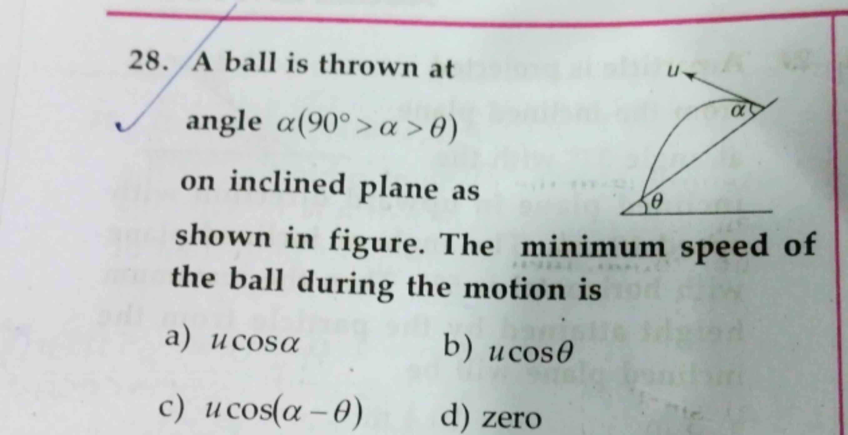 28. A ball is thrown at angle α(90∘>α>θ) on inclined plane as shown in