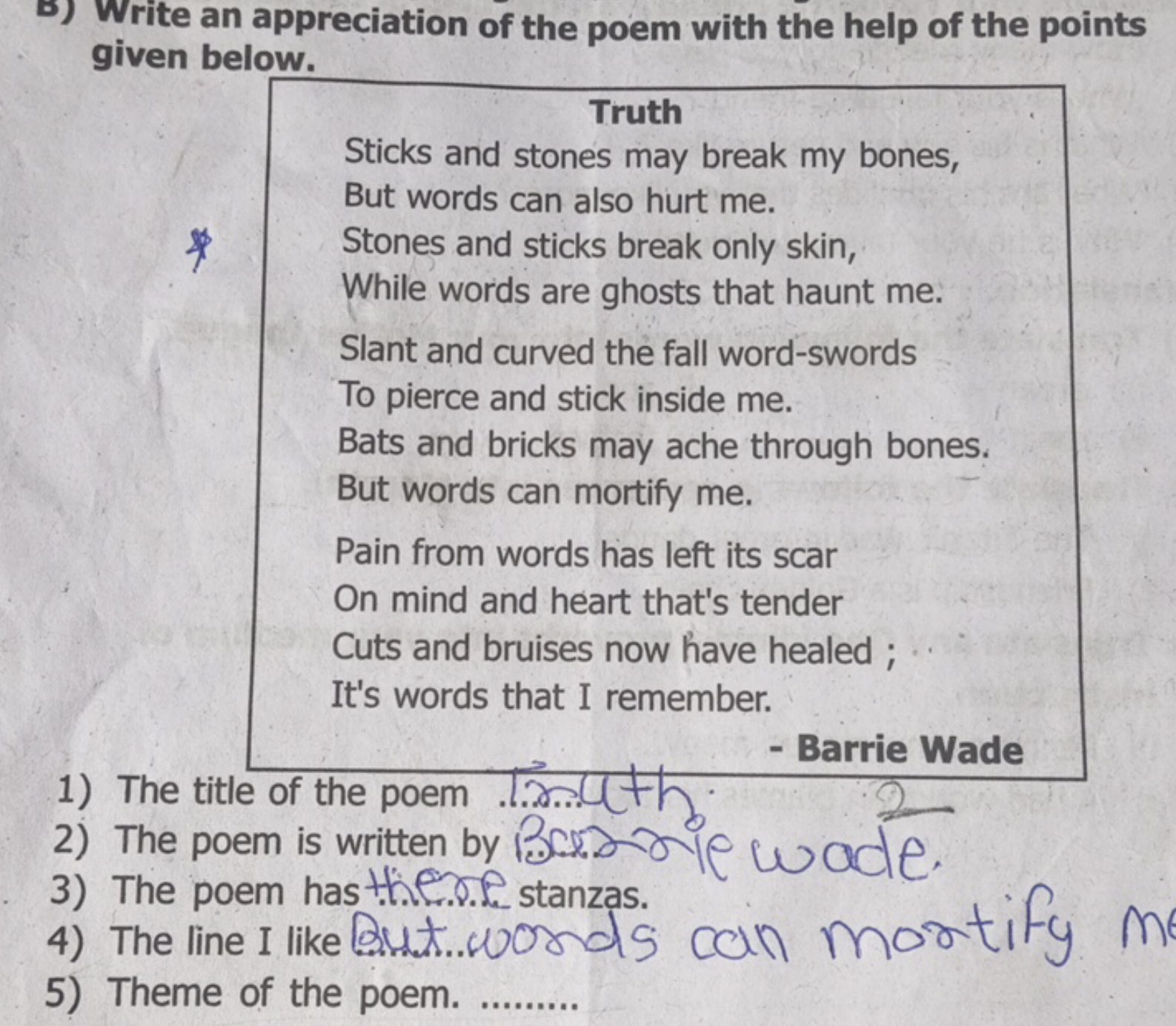 D) Write an appreciation of the poem with the help of the points given