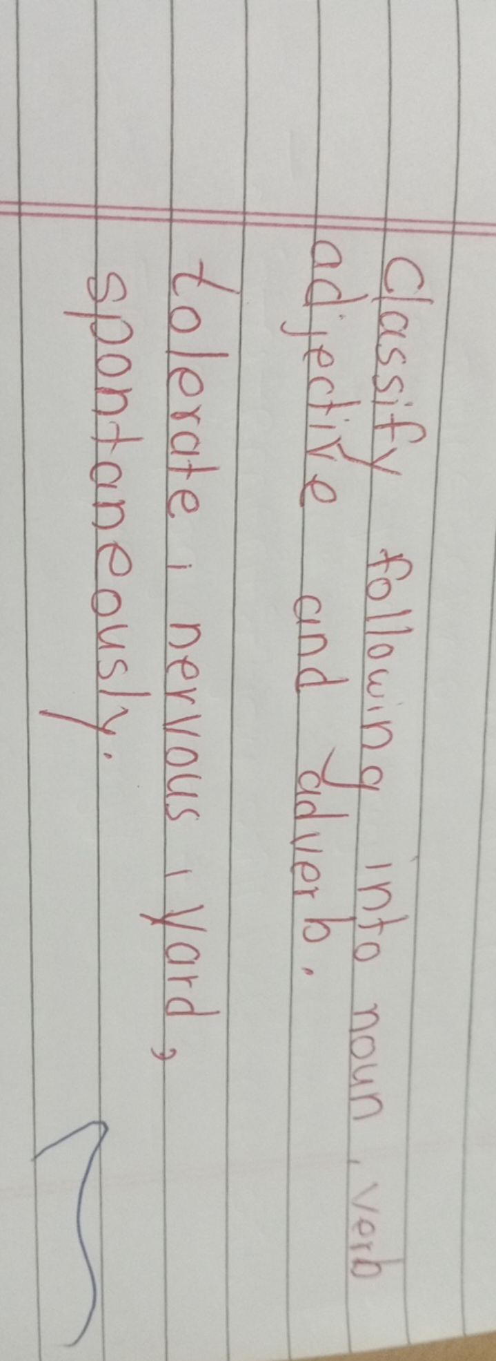 Classify following into noun, verb adjective and adverb.
tolerate, ner