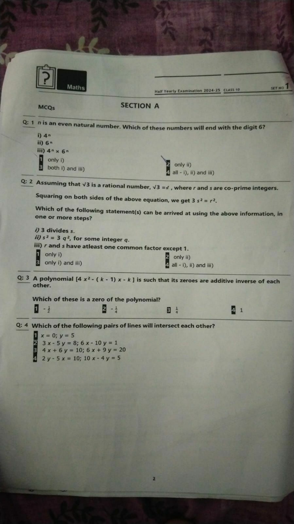 Half Yearly Examination 2024-25 CLass 10
set no 1
Maths
 
?

MCQs
SECT