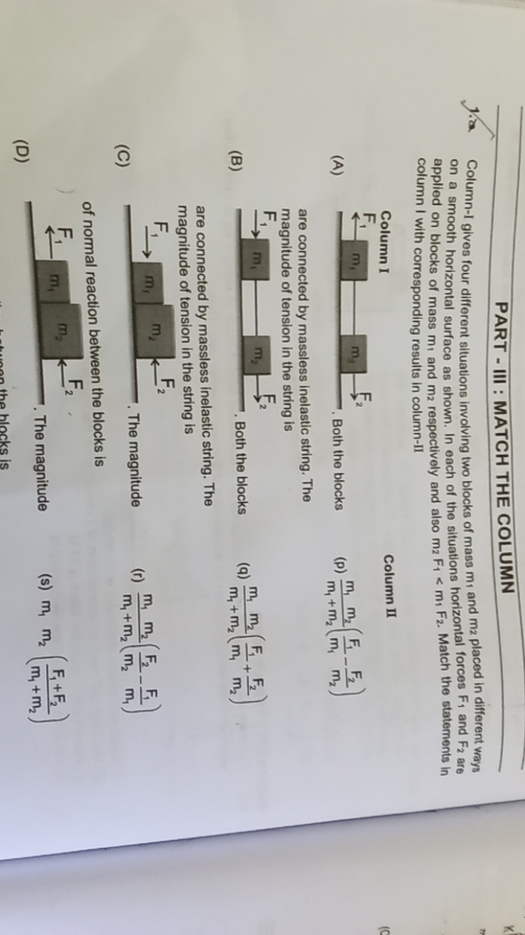 PART - III : MATCH THE COLUMN
1. Column-I gives four different situati