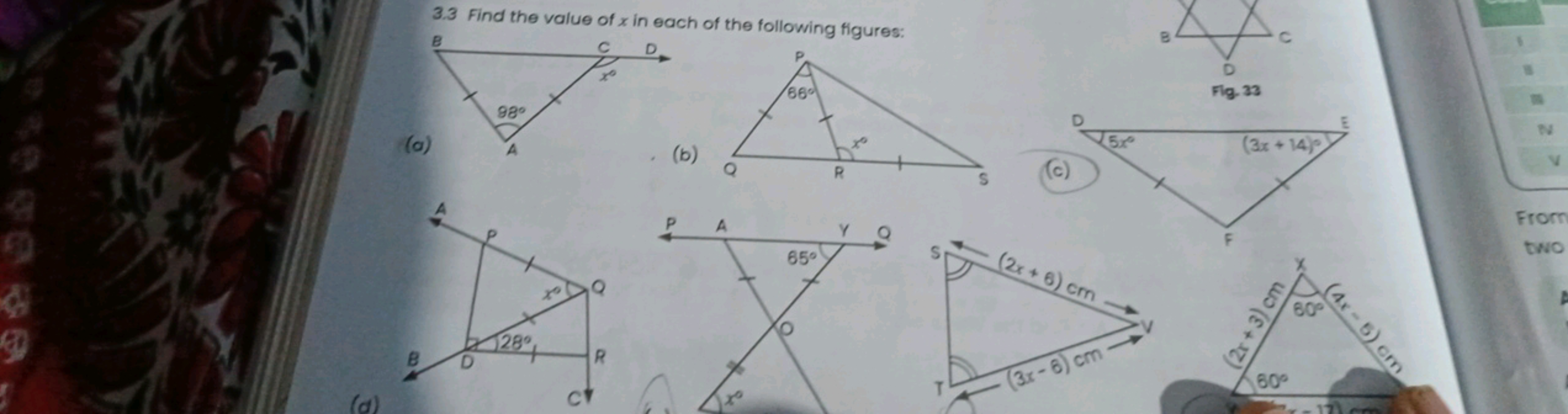 3.3 Find the value of x in each of the following figures:

Fig. 33
(a)