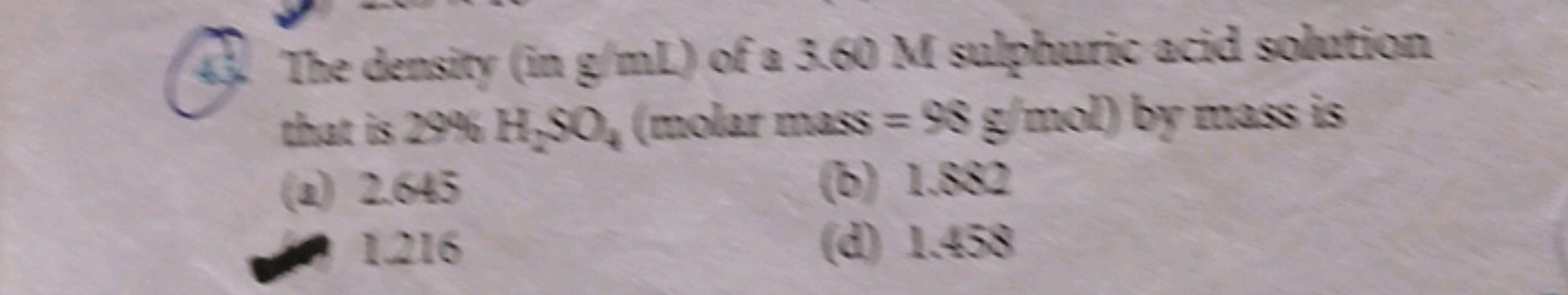 4. The density (in g/mL ) of a 3.60 M sulphuric acid solation that is 