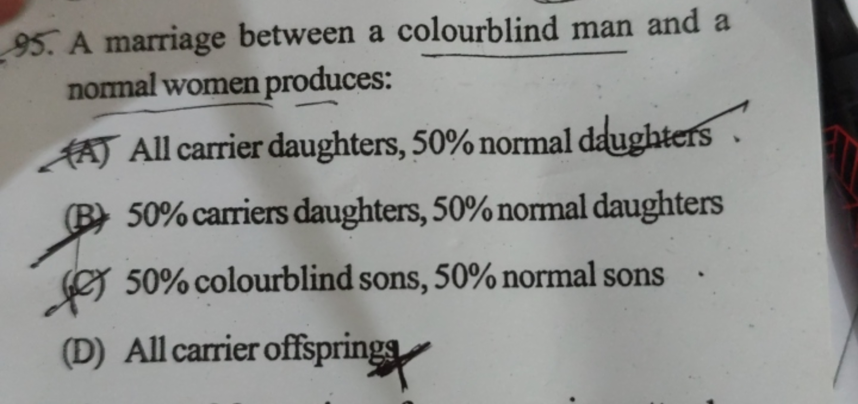 95. A marriage between a colourblind man and a normal women produces:
