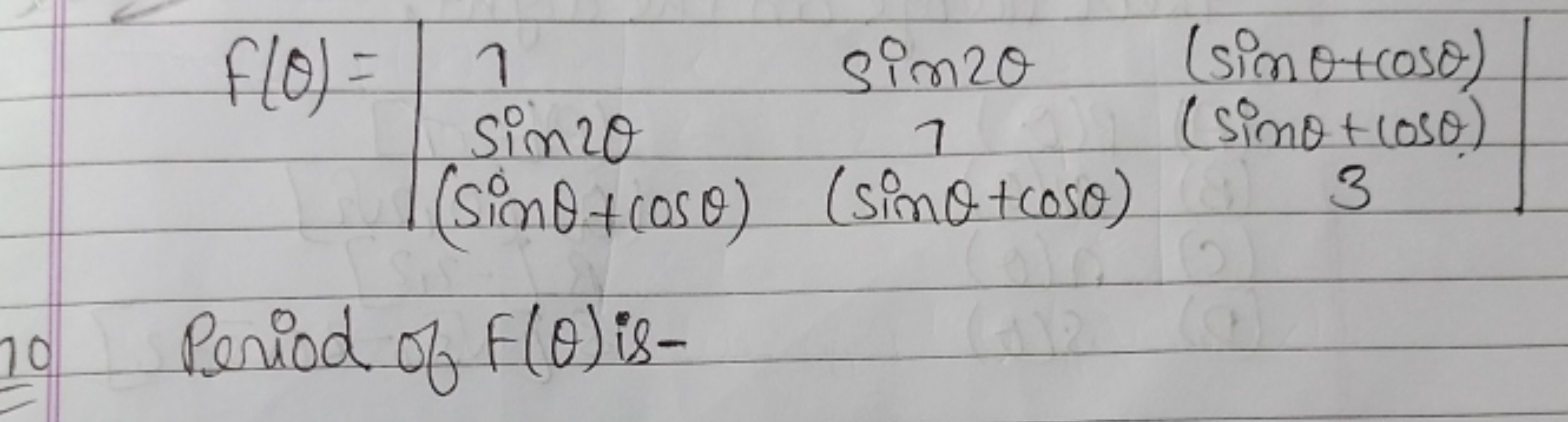 f(θ)=∣∣​1sin2θ(sinθ+cosθ)​sin2θ7(sinθ+cosθ)​(sinθ+cosθ)(sinθ+cosθ)3​∣∣