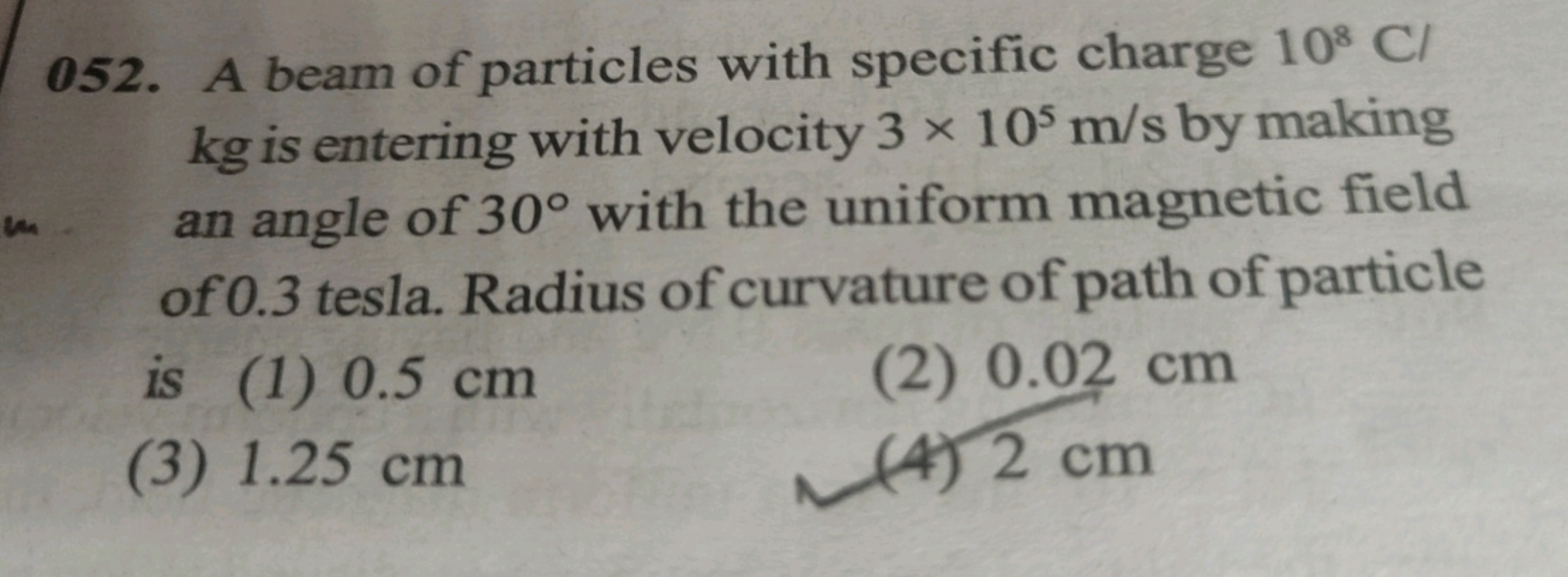 052. A beam of particles with specific charge 108C/ kg is entering wit