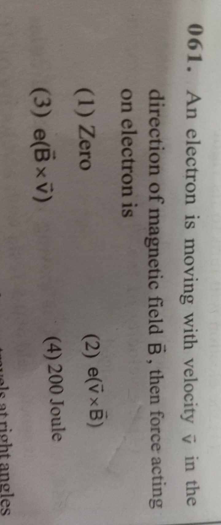 061. An electron is moving with velocity v in the direction of magneti