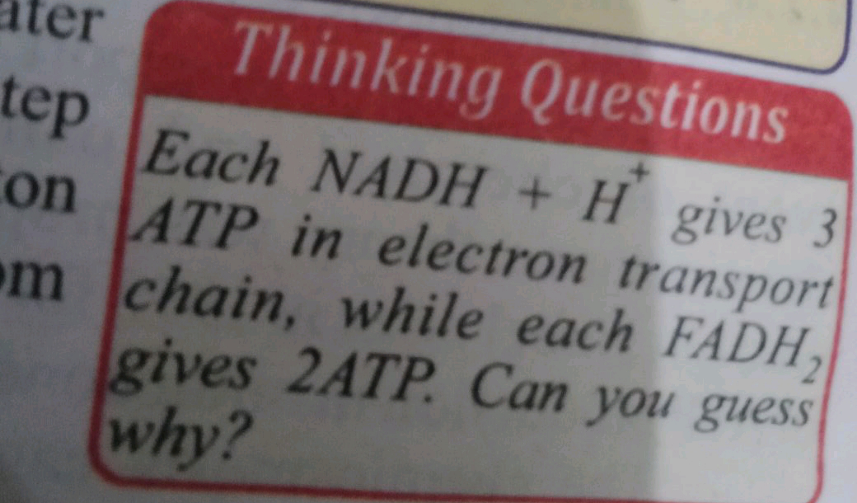 Thinking Questions
Each NADH + H+ +gives 3 ATP in electron transport c