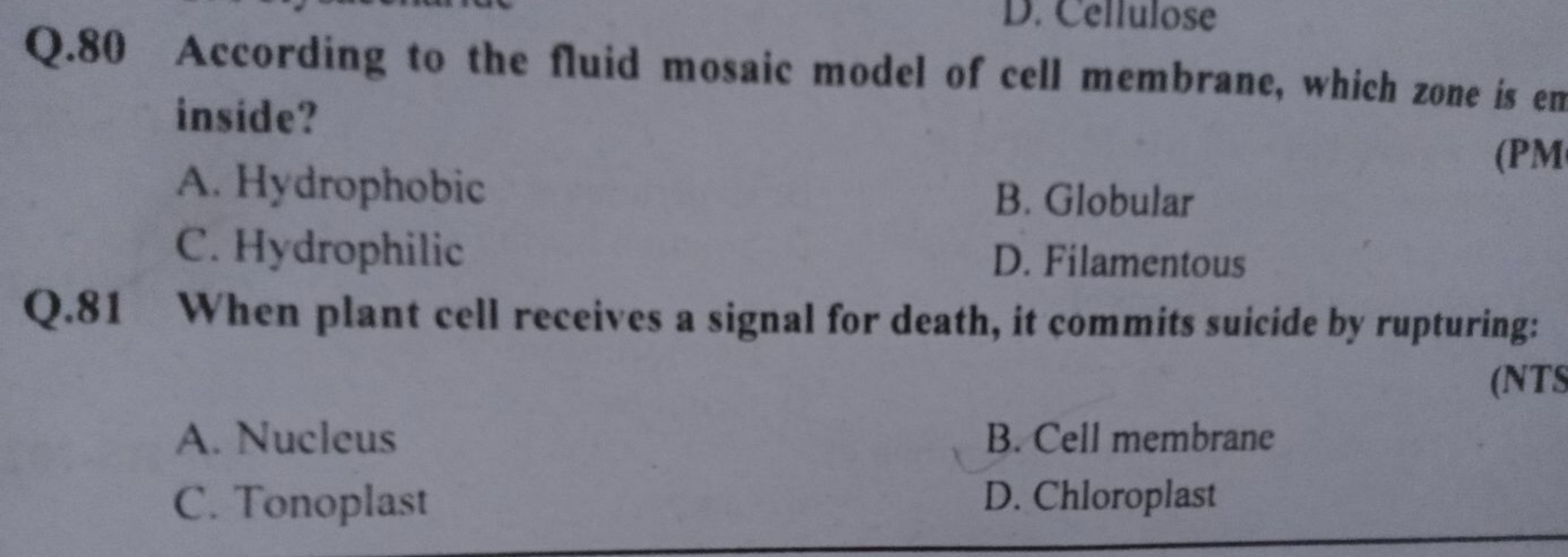 Q. 80 According to the fluid mosaic model of cell membrane, which zone