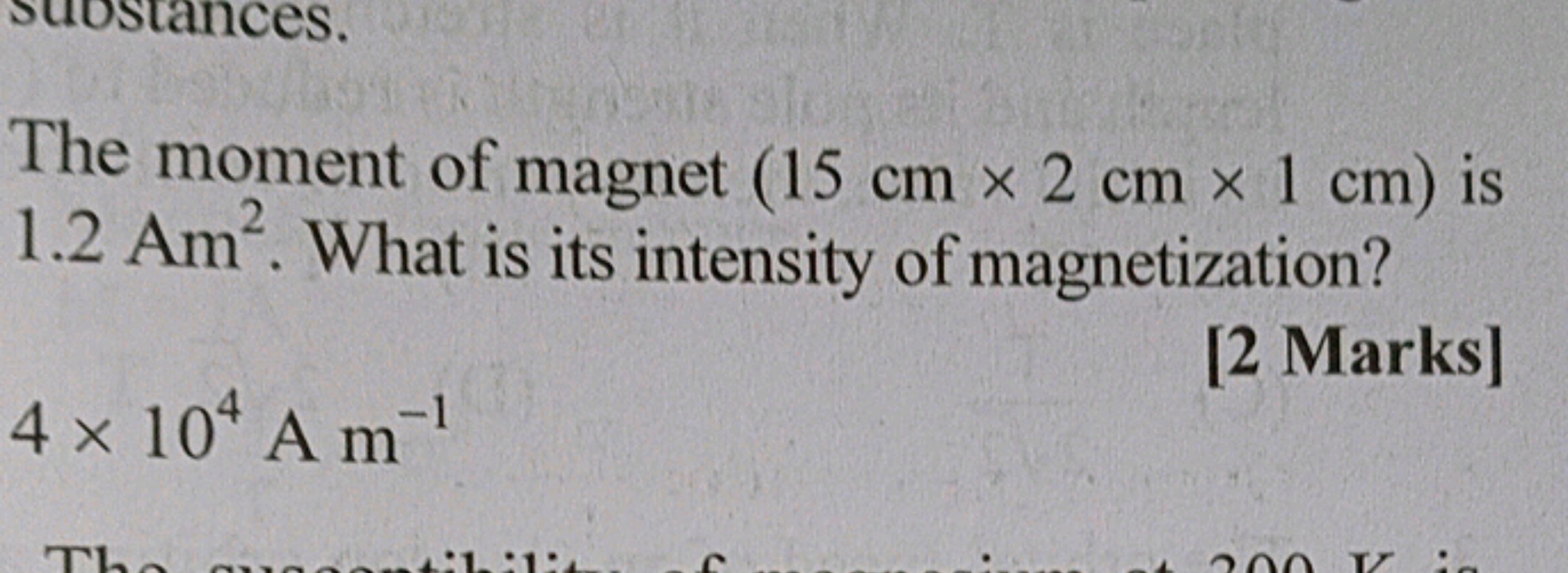 The moment of magnet ( 15 cm×2 cm×1 cm) is 1.2 Am2. What is its intens