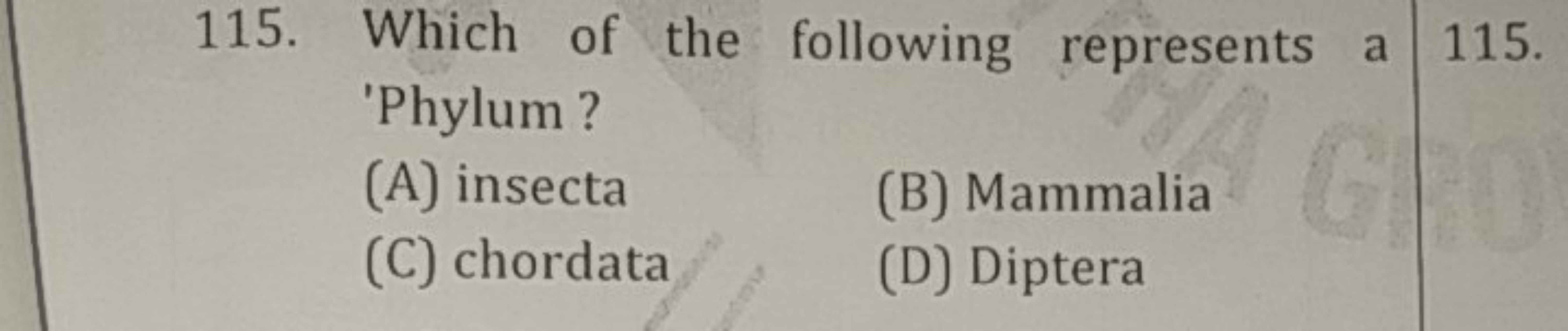 115. Which of the following represents a 115. 'Phylum?
(A) insecta
(B)