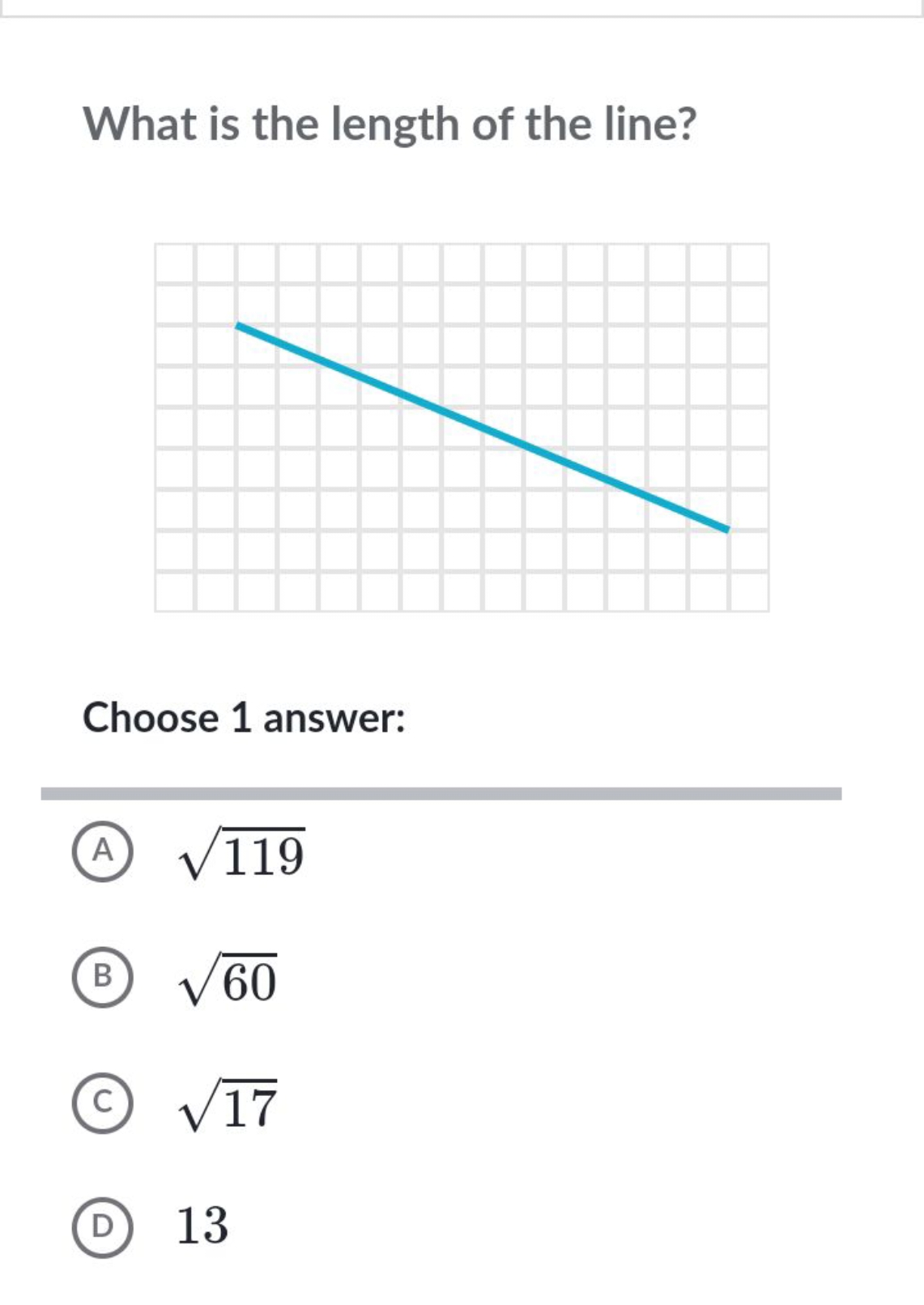 What is the length of the line?

Choose 1 answer:
(A) 119​
(B) 60​
(c)