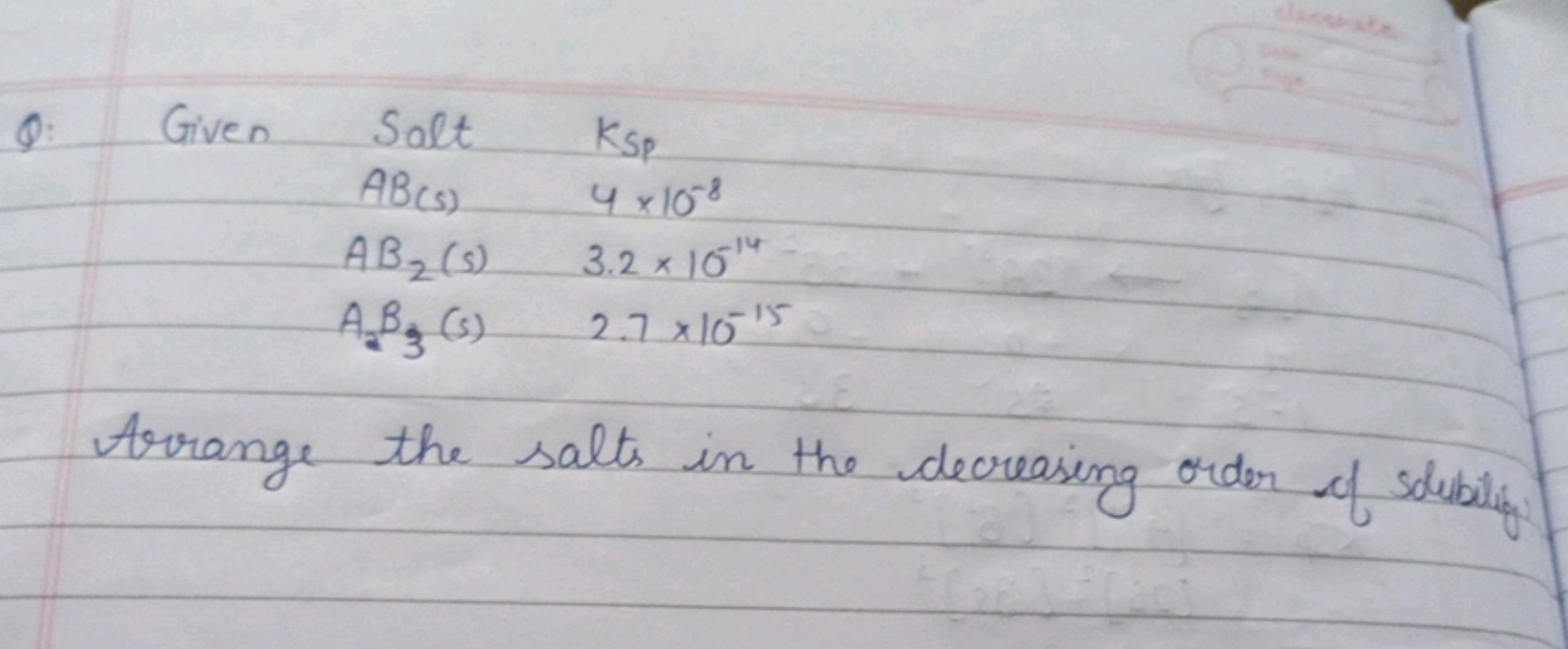 Q. Given Salt KSp​
AB(s)4×10−8
AB2​(s)3.2×10−14
A3​B3​(s)2.7×10−15
Arr