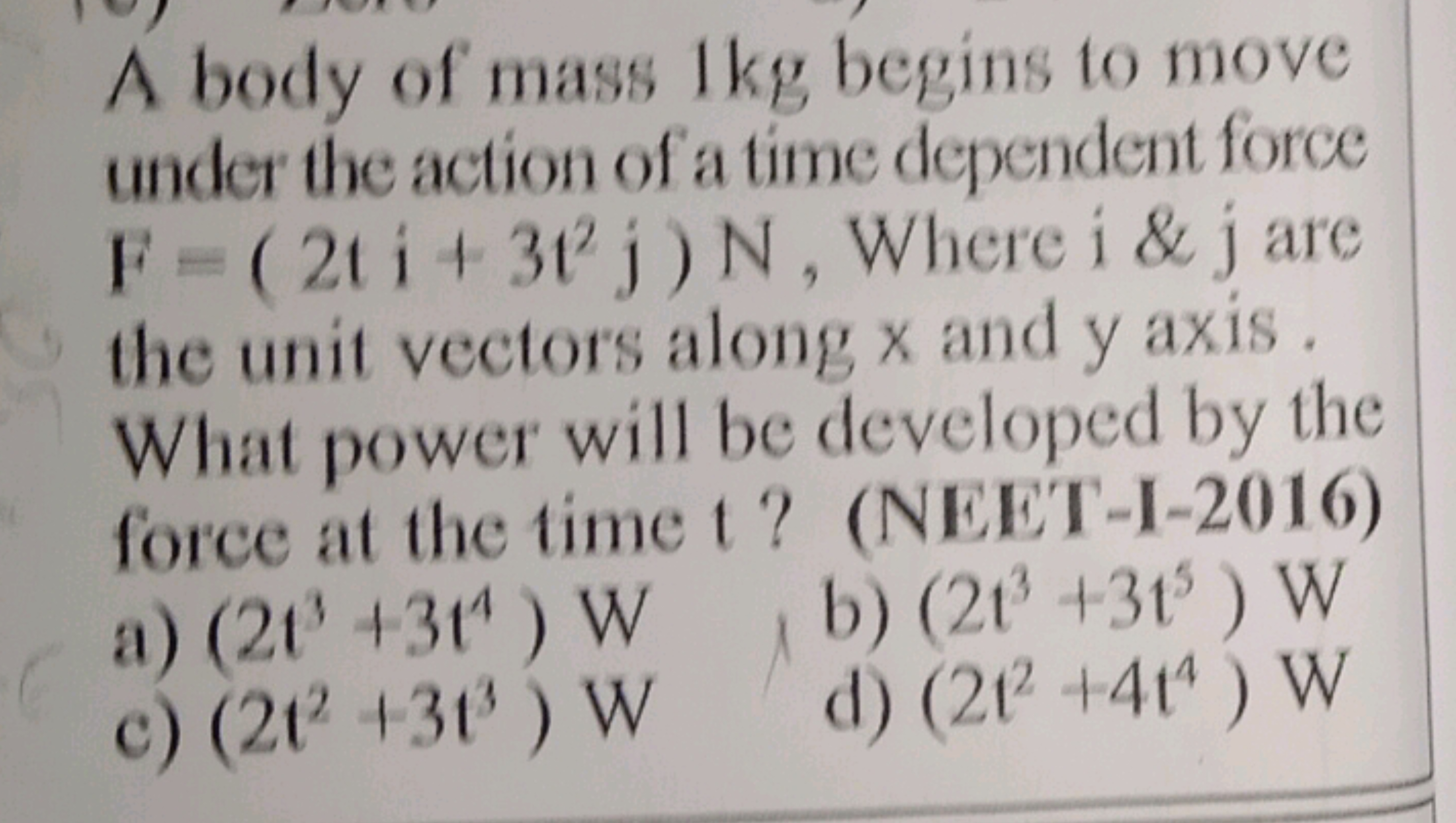 A body of mass 1 kg begins to move under the action of a time dependen