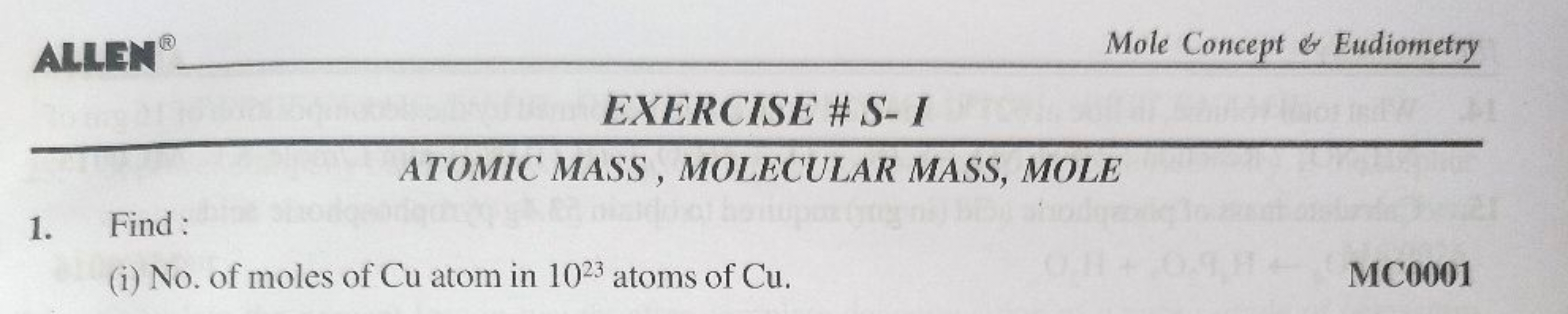 ALIEM 
Mole Concept \& Eudiometry
EXERCISE \# S-I
ATOMIC MASS, MOLECUL