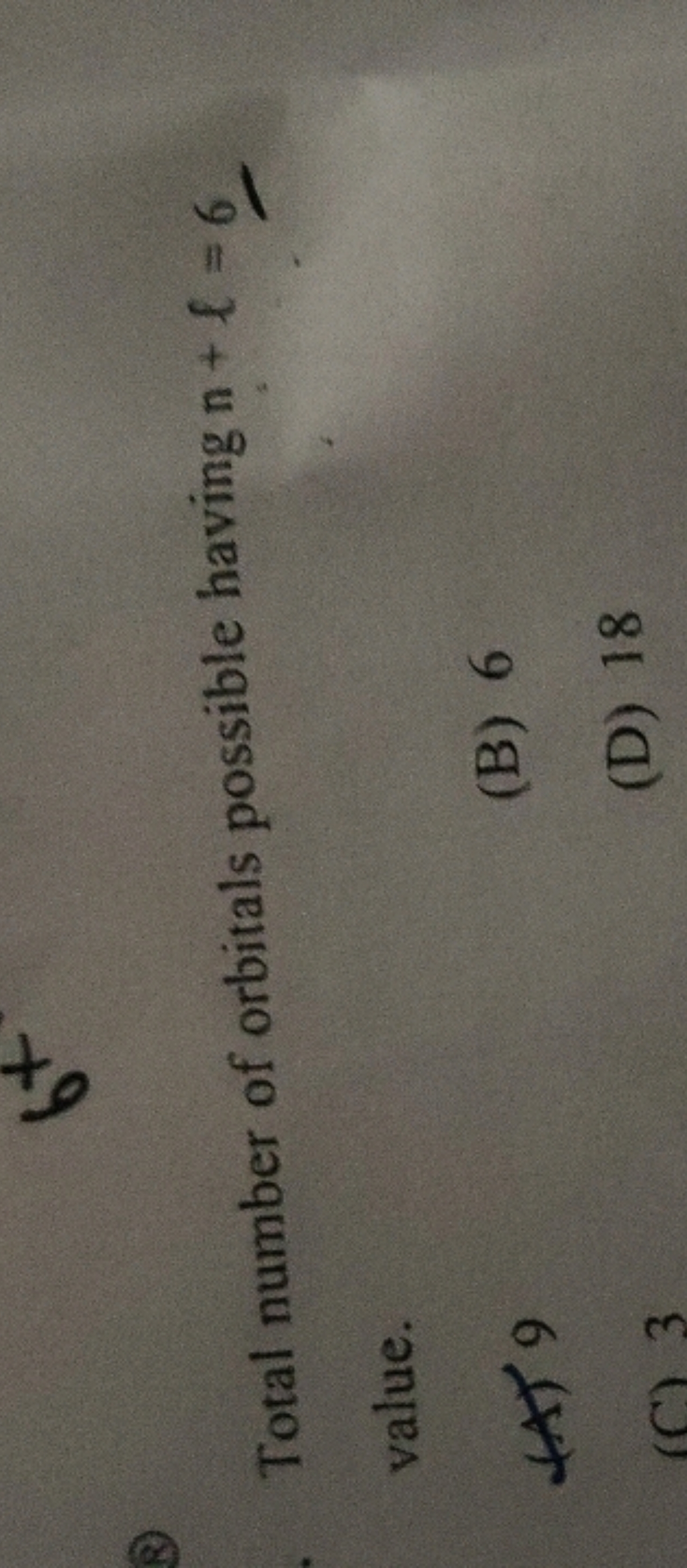 Total number of orbitals possible having n+ℓ=6 value.
(B) 6
(D) 18