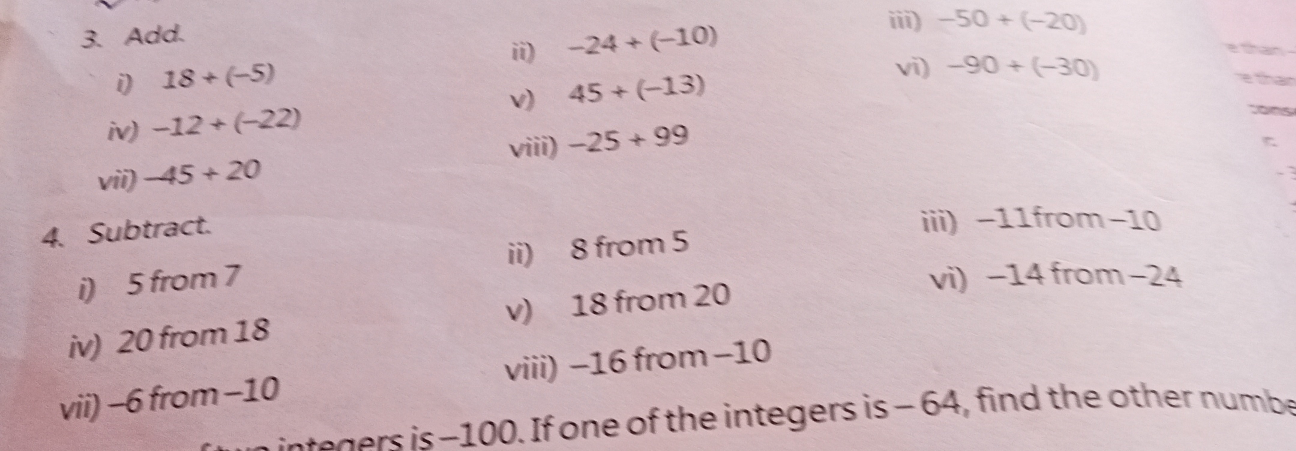 3. Add.
i) 18+(−5)
ii) −24+(−10)
iii) −50+(−20)
iv) −12+(−22)
v) 45+(−