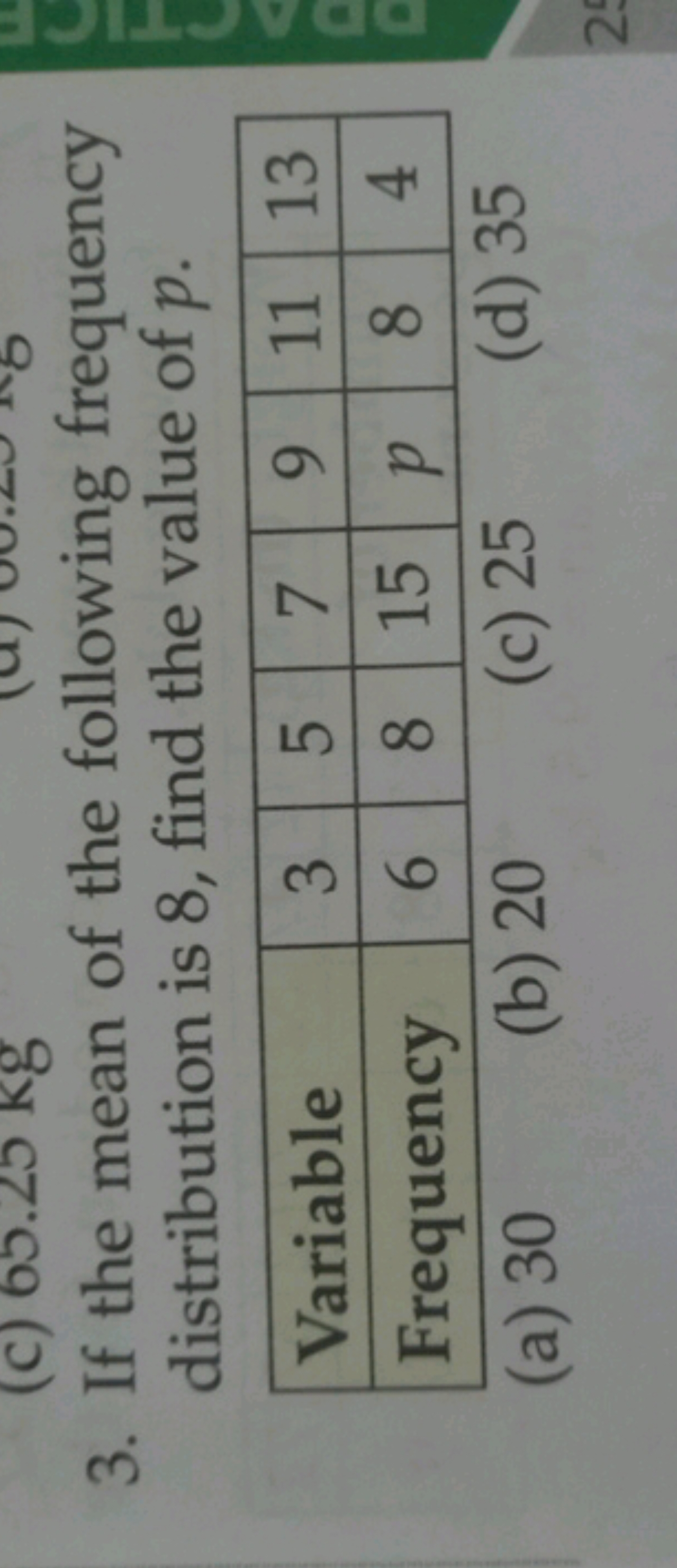 3. If the mean of the following frequency distribution is 8 , find the