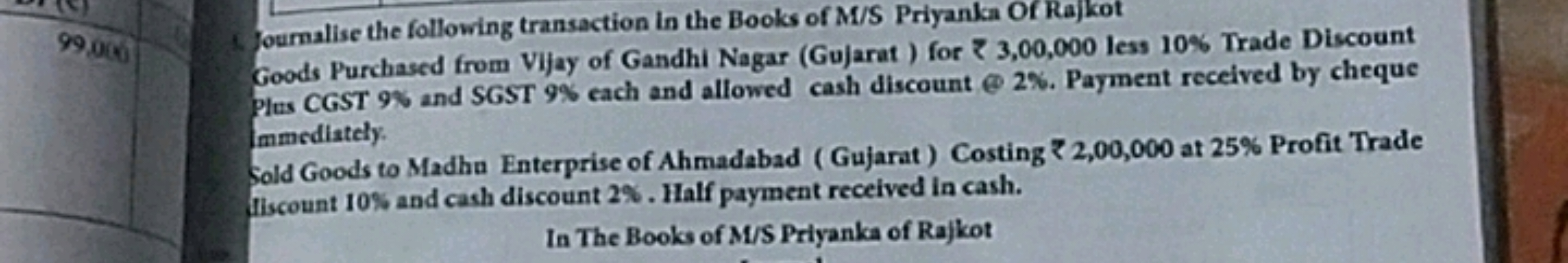 fournalise the following transaction in the Books of M/S Priyanka Of R