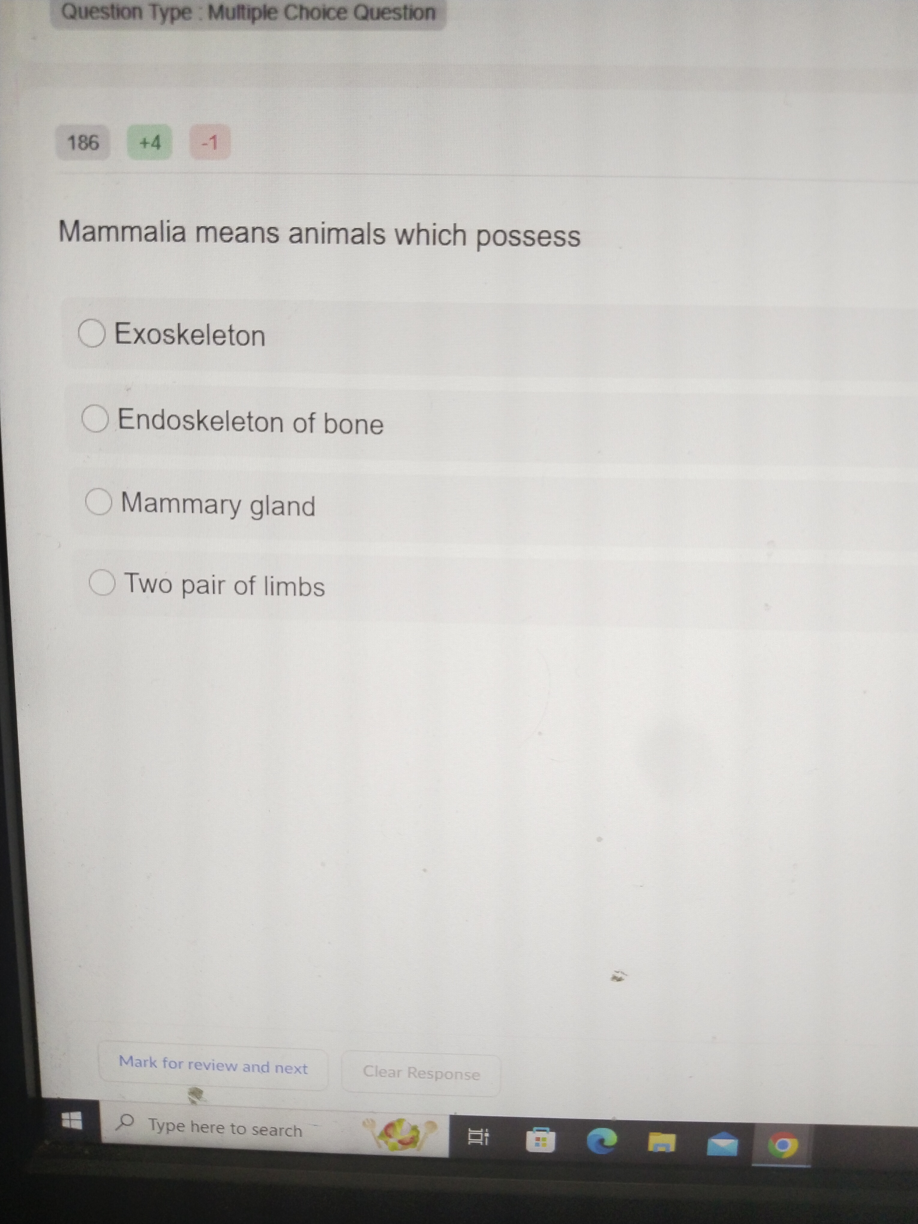 Question Type : Multiple Choice Question
186
+4
−1
Mammalia means anim