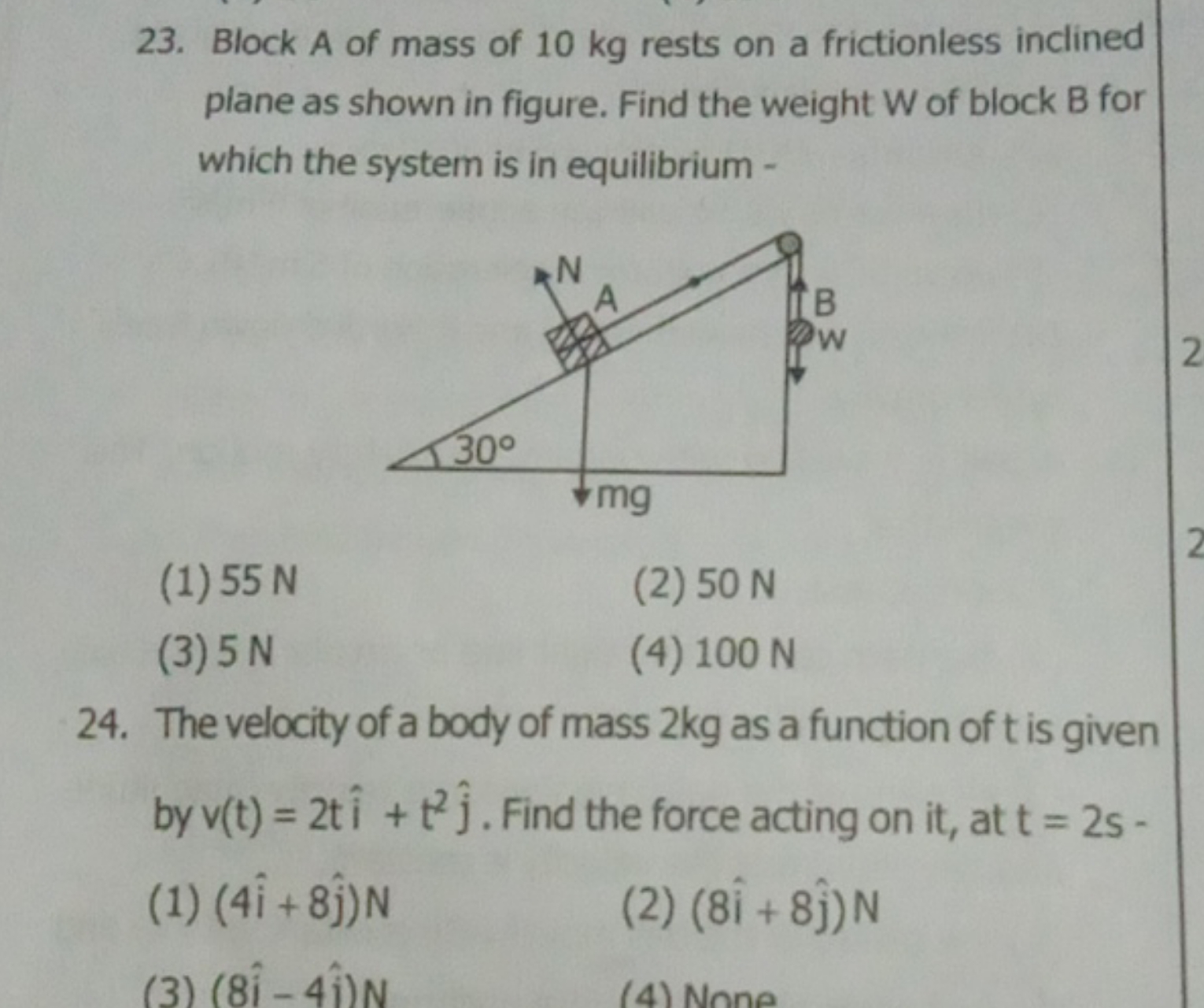 23. Block A of mass of 10 kg rests on a frictionless inclined plane as