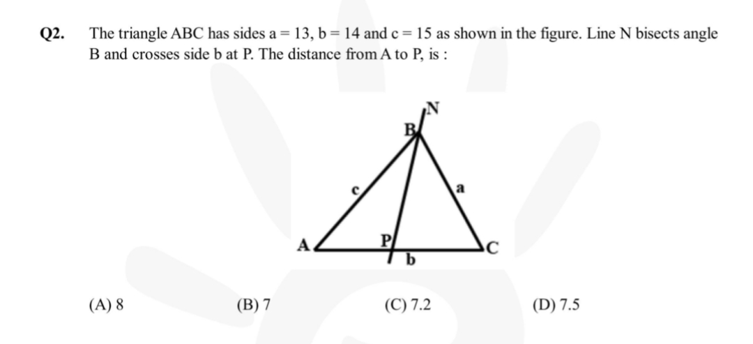 Q2. The triangle ABC has sides a=13, b=14 and c=15 as shown in the fig