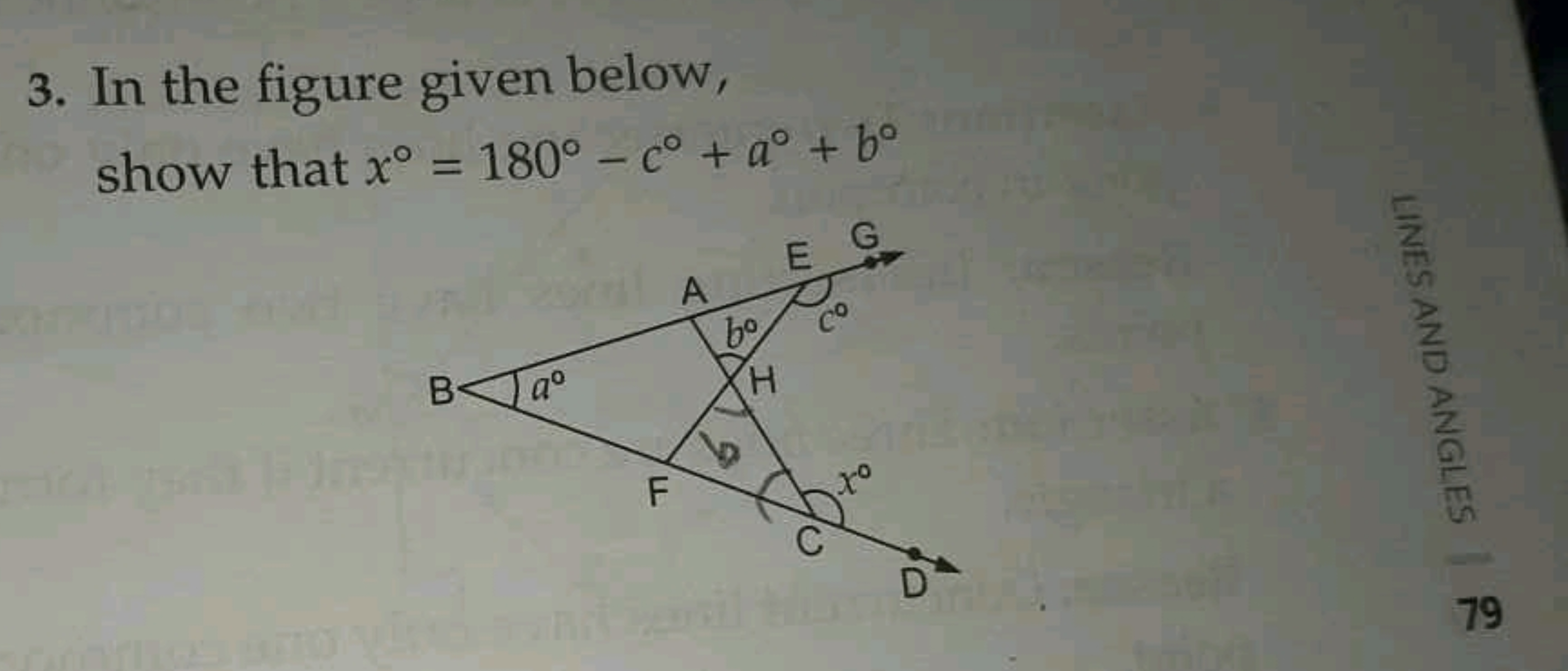 3. In the figure given below, show that x∘=180∘−c∘+a∘+b∘