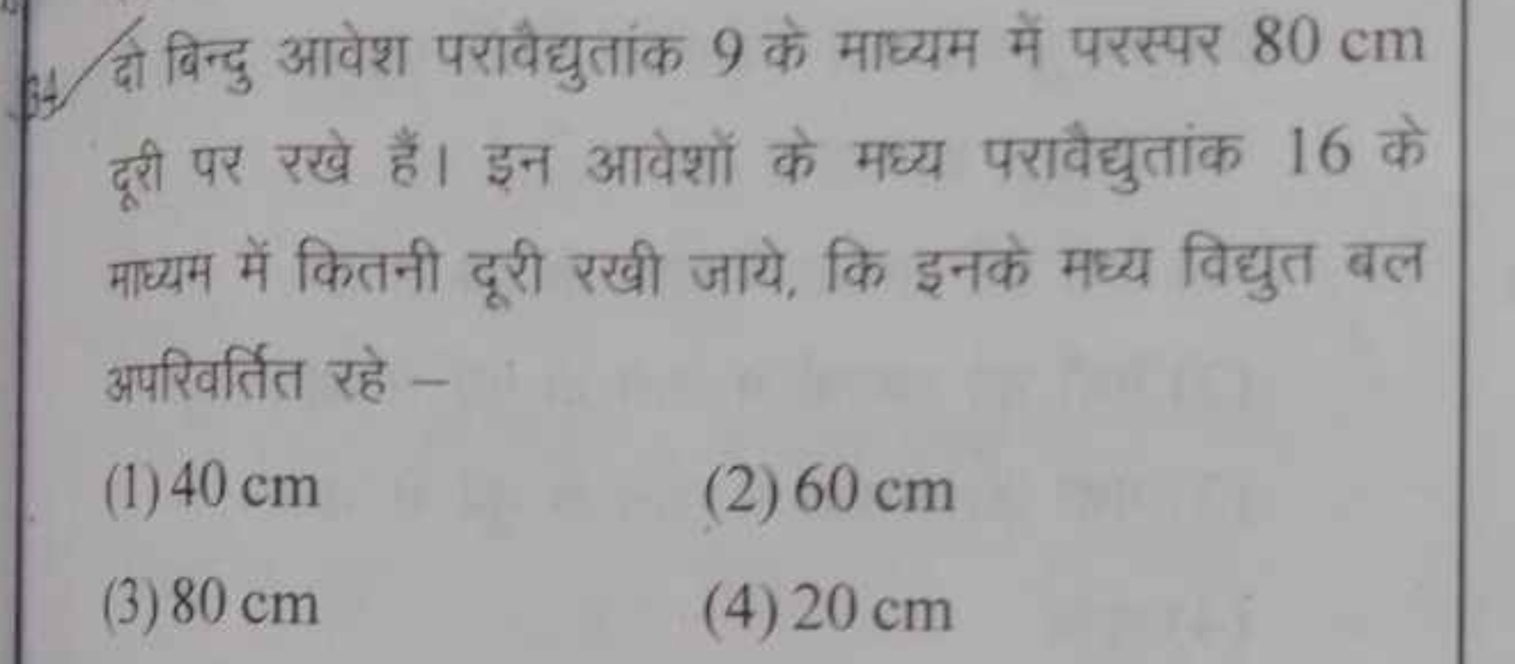 64. दो बिन्दु आवेश परावैद्युतांक 9 के माध्यम में परस्पर 80 cm दूरी पर 