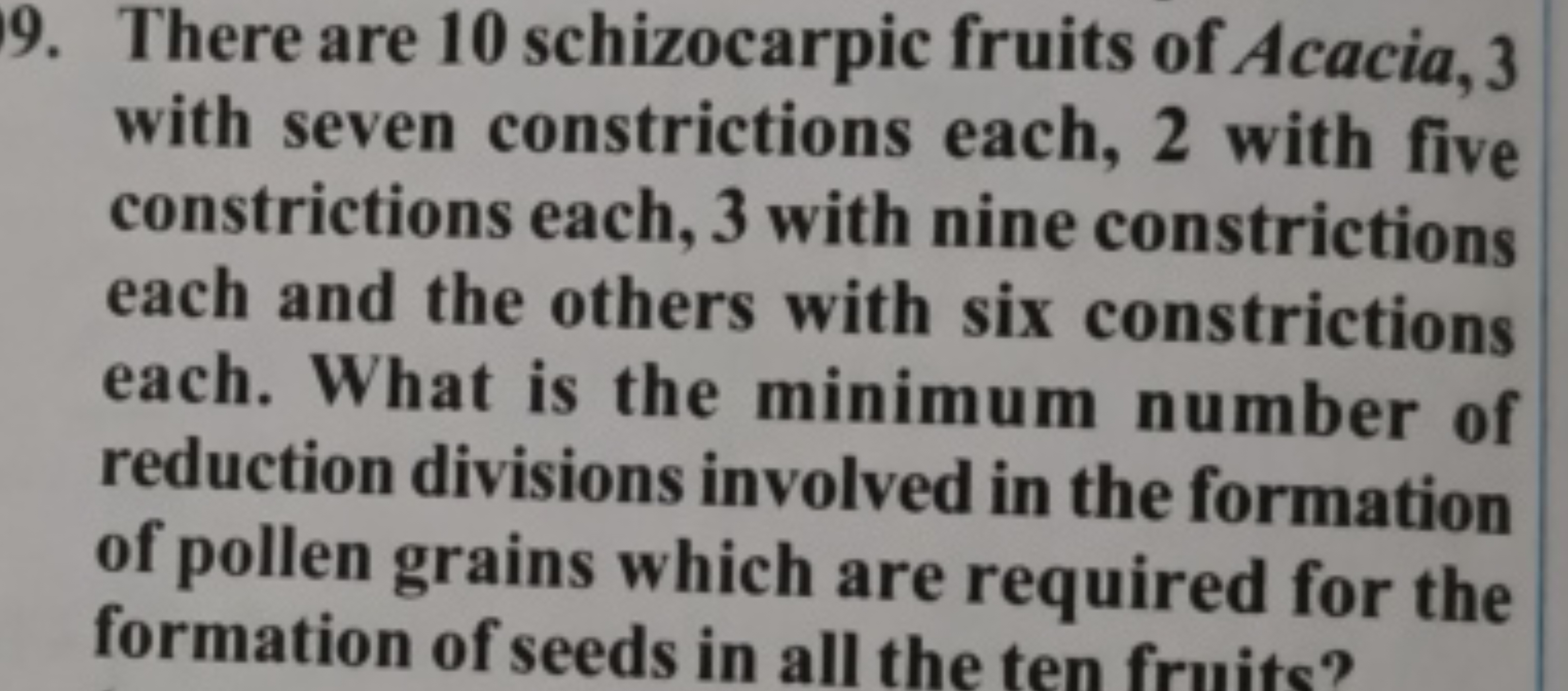 9. There are 10 schizocarpic fruits of Acacia, 3 with seven constricti