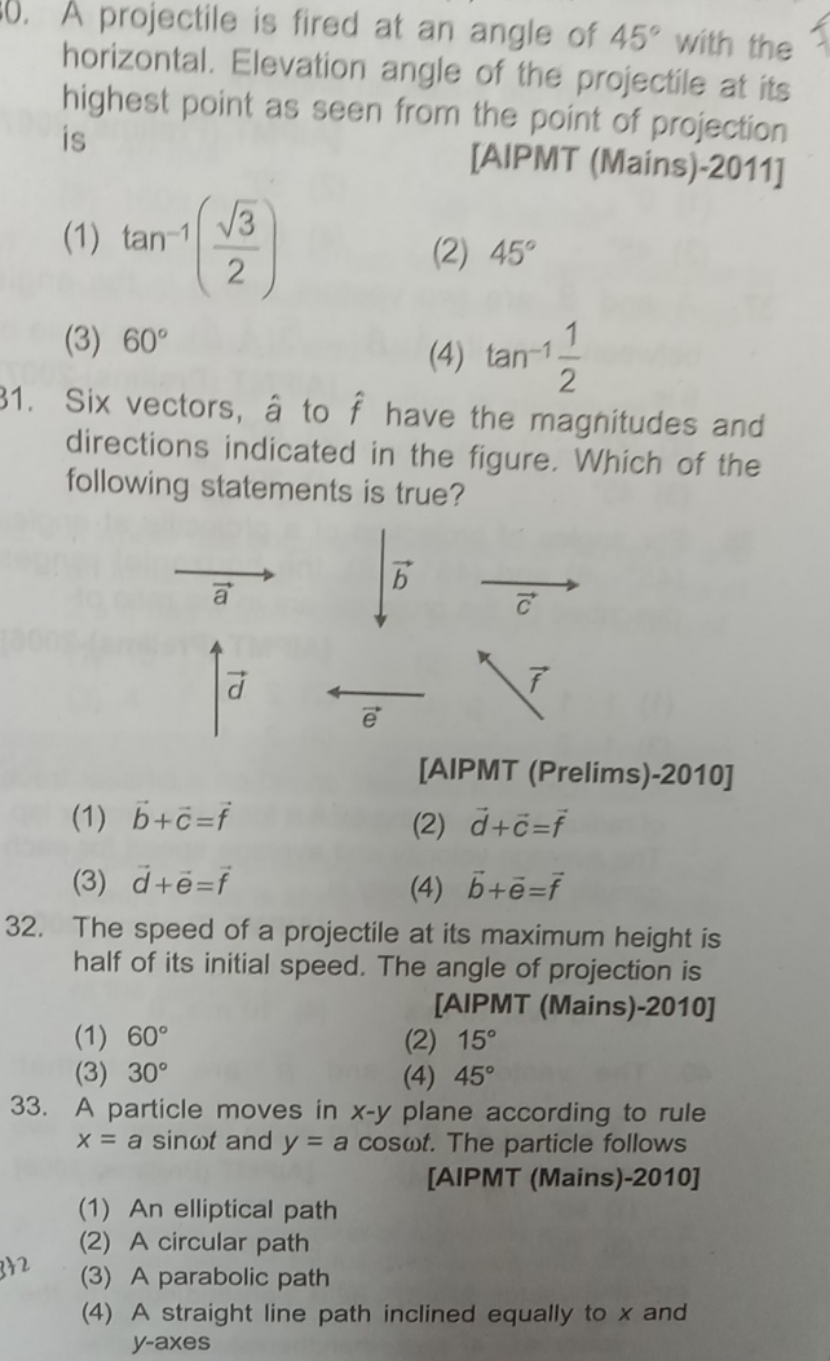 0. A projectile is fired at an angle of 45∘ with the horizontal. Eleva