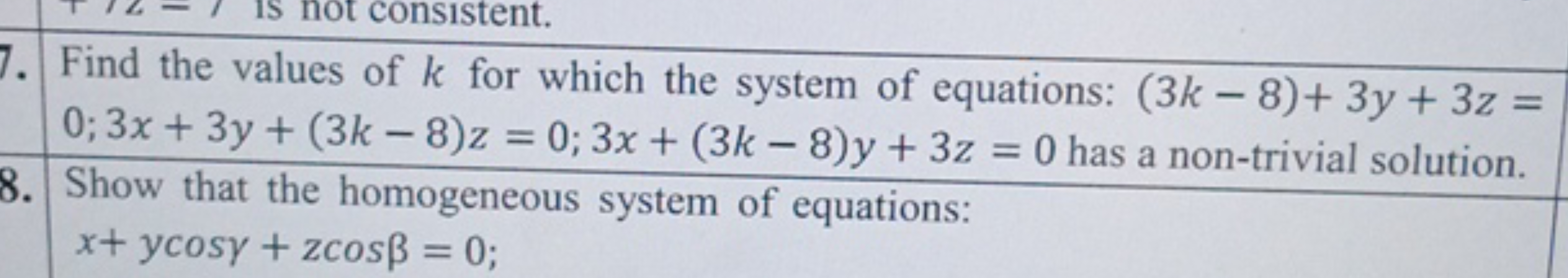 7. Find the values of k for which the system of equations: (3k−8)+3y+3